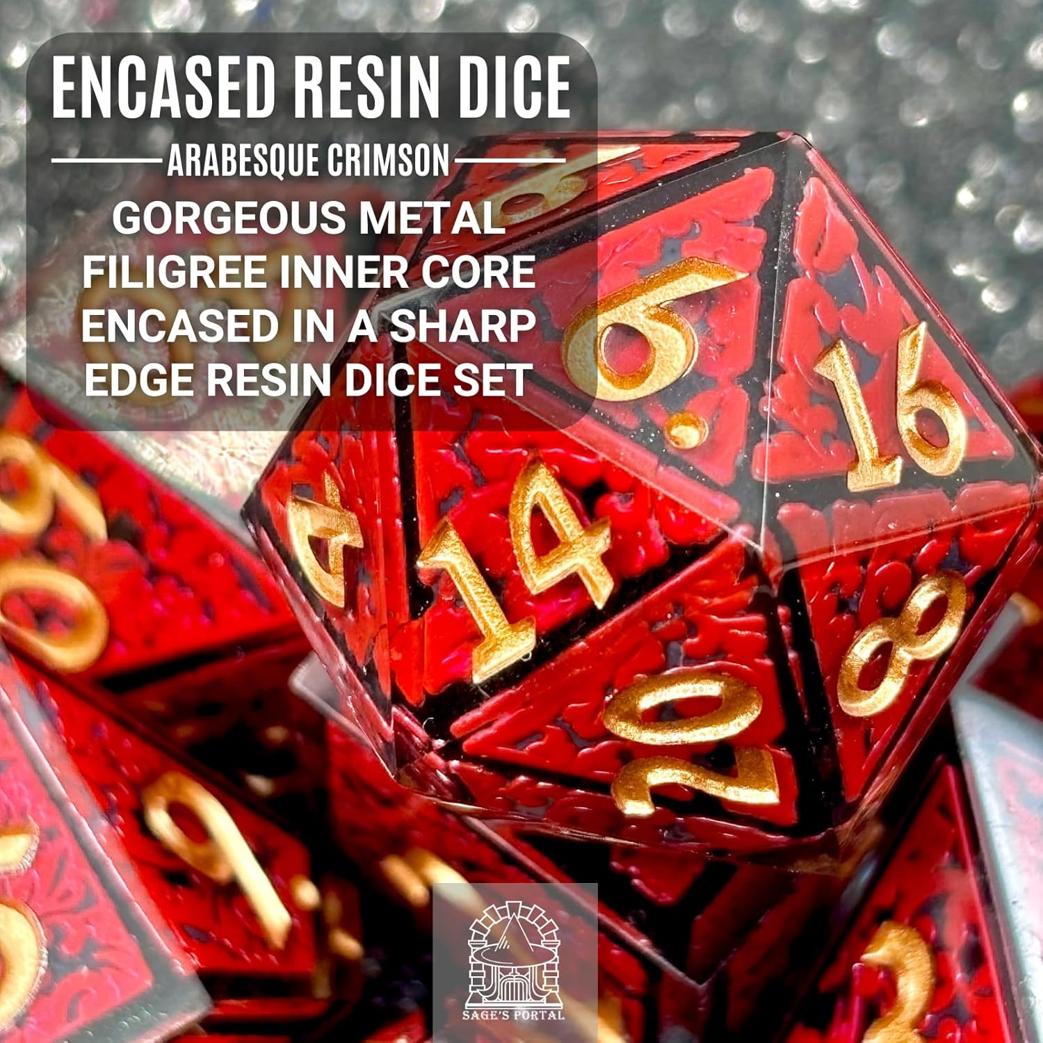 Sage's Encased Sharp Edge Resin Polyhedral Dice Set Unique 7 Piece Inner Core DND Dice for TTRPG Dunegons and Dragons Pathfinder (Arabesque Crimson)