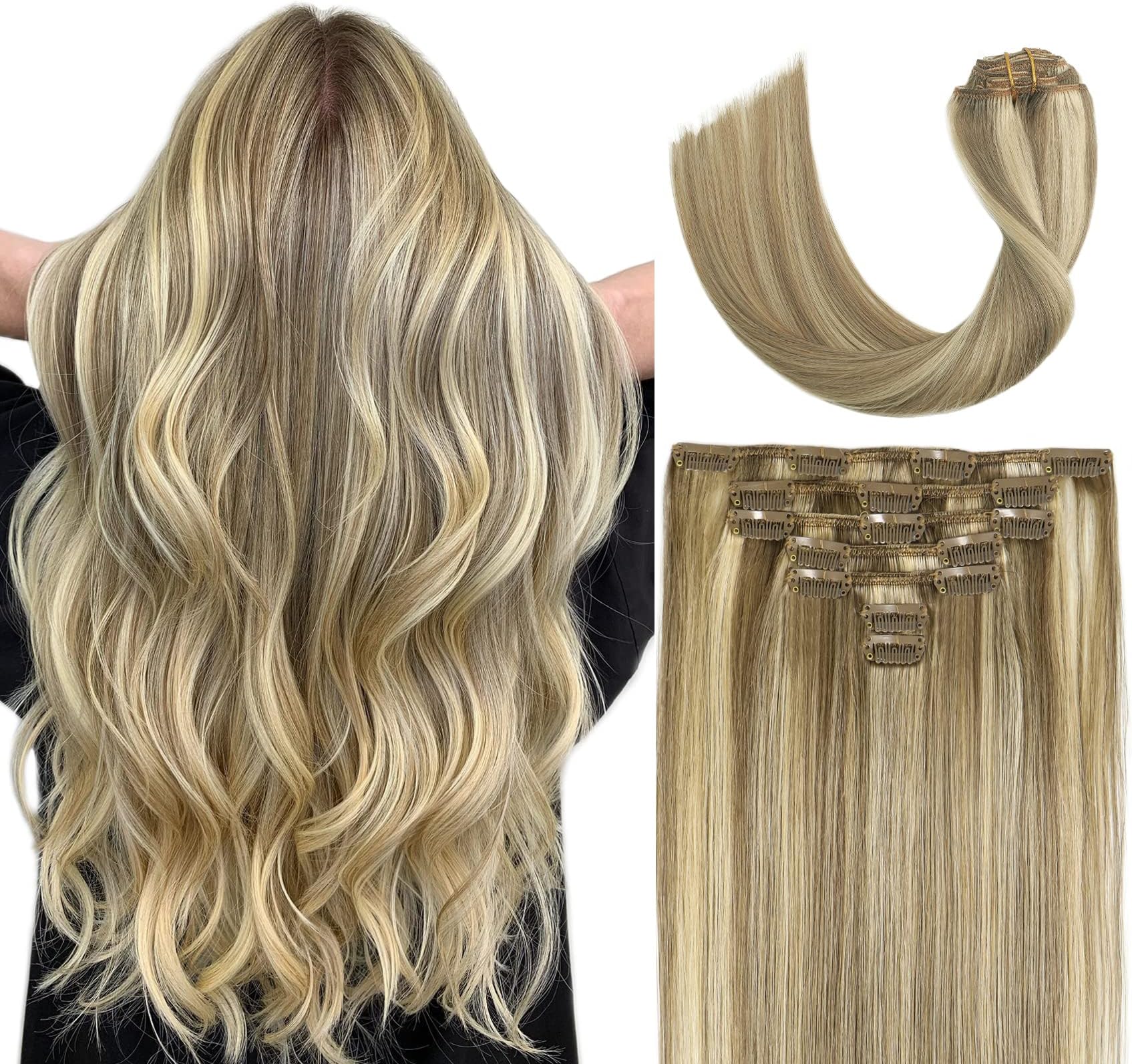 VARIO HAIR Clip in Hair Extensions Blonde Highlighted Human Hair Balayage Hair Extensions Mixed Bleach Blonde 12 Inch 70g Fine Hair Full Head Silky Straight 100% Human Hair Clip In Extensions