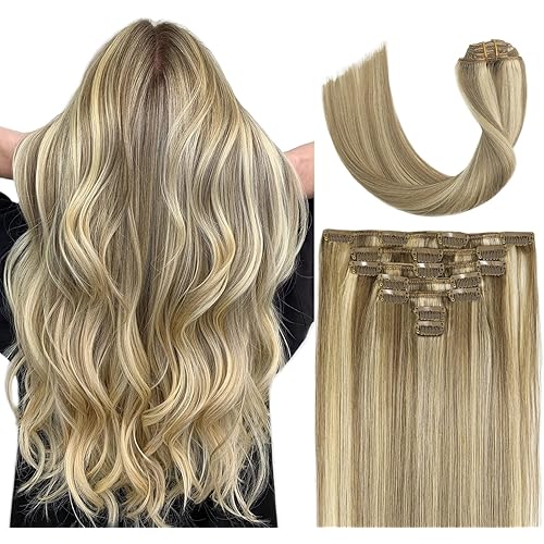 VARIO HAIR Clip in Hair Extensions Blonde Highlighted Human Hair Balayage Hair Extensions Mixed Bleach Blonde 12 Inch 70g Fine Hair Full Head Silky Straight 100% Human Hair Clip In Extensions