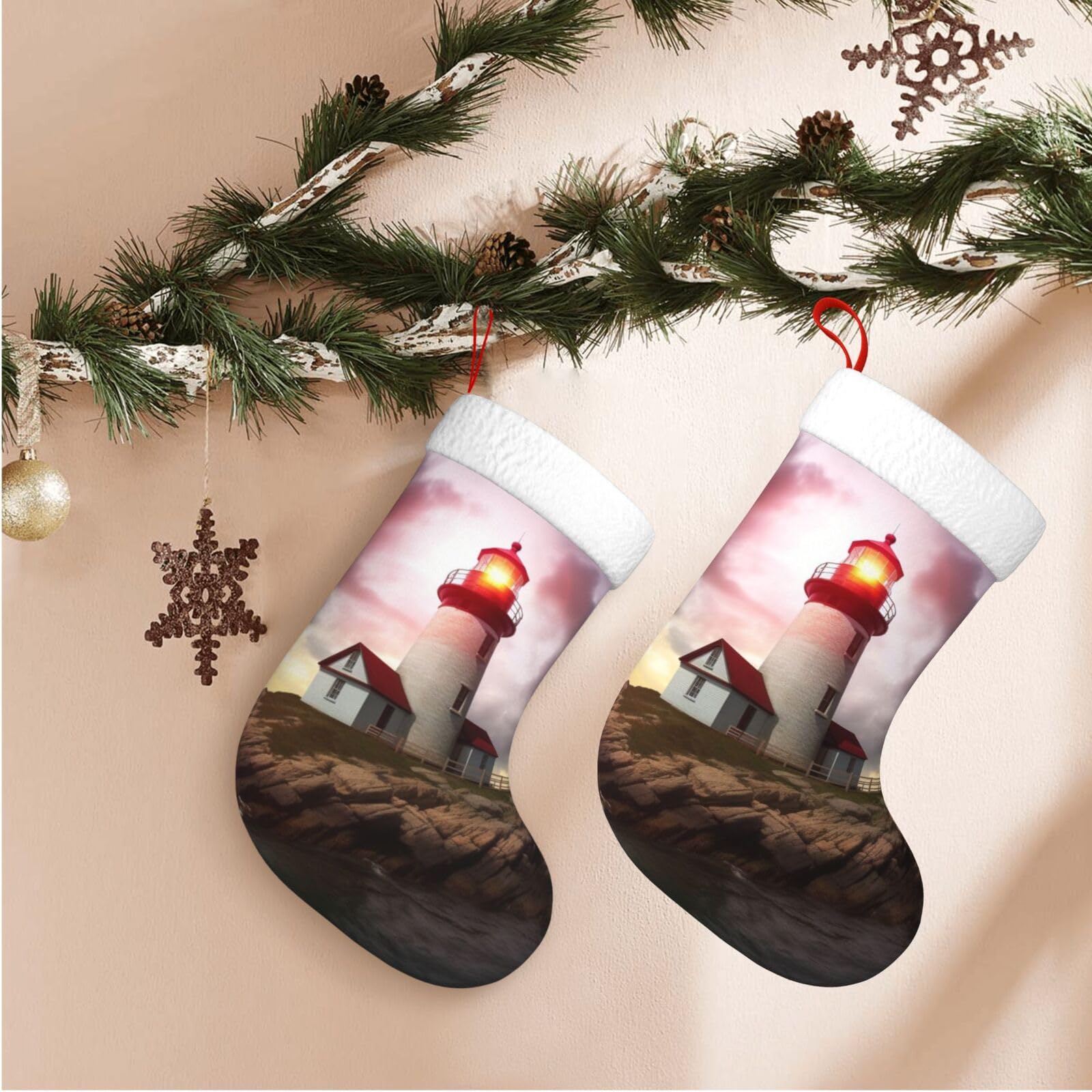 Lighthouse Christmas Stockings Velvet Xmas Fireplace Hanging Stocking with Plush Cuff Rustic Christmas Santa Stockings for Home Christmas Decorations Party Favor Supplies