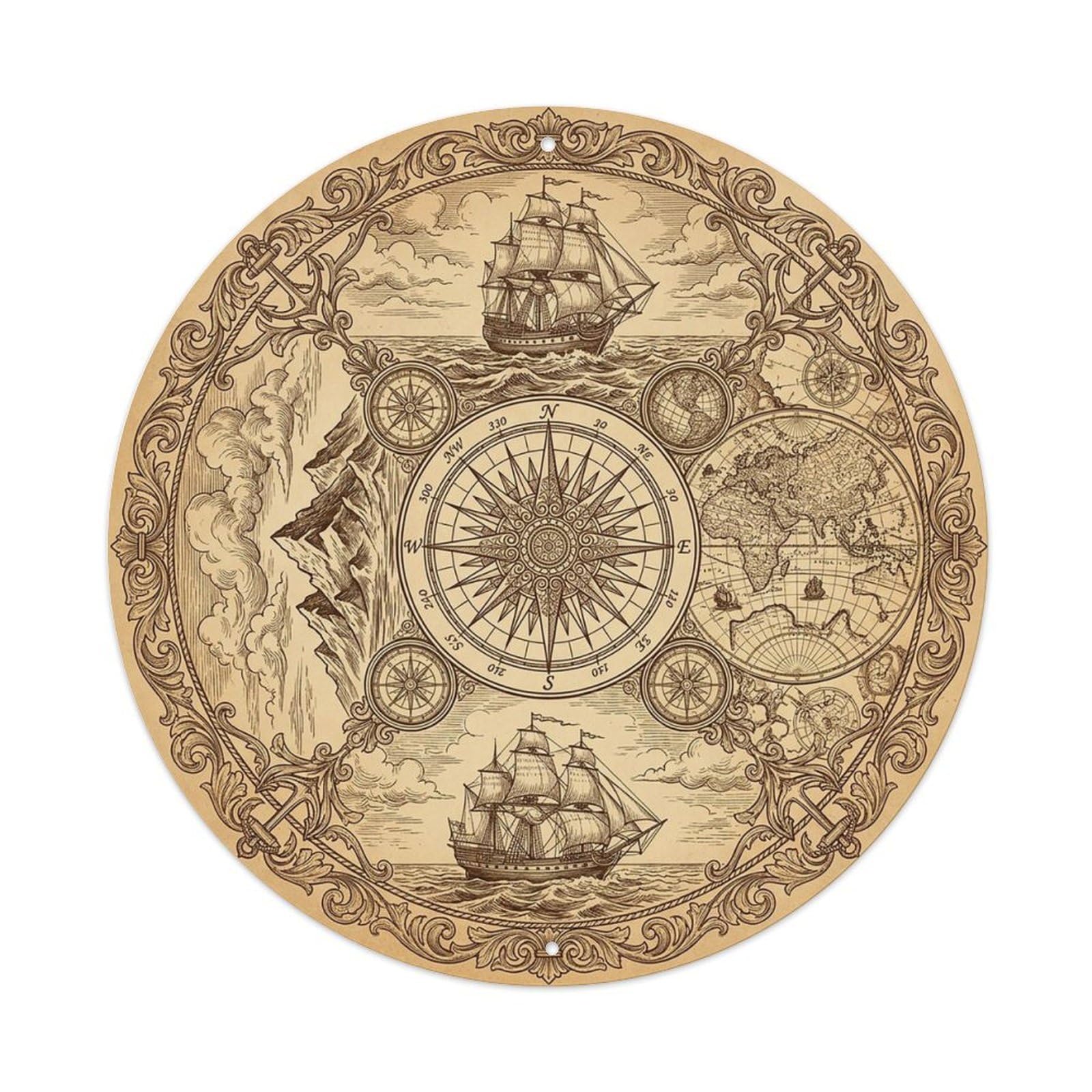Vintage Nautical Compass World Map Reef Chronicle Metal Tin Sign