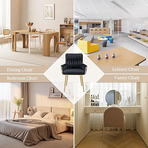 Miniatura 9 de ABET Silla de escritorio de oficina sin ruedas, silla de tocador de terciopelo tejido con respaldo y reposabrazos, cómoda y tapizada con patas de