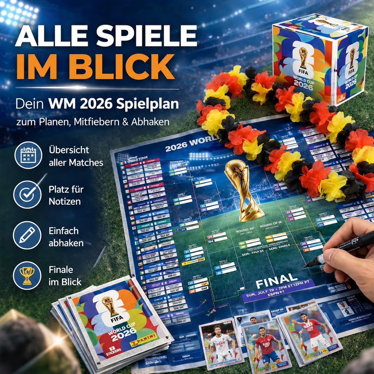 XXL Fan Starterset WM 2026 – Original Panini Sticker Album, Extra 1x Spielplan & Deutschland Blumenkette (10 Tüten / 70 Sticker Set) Eigenmarkenbundle