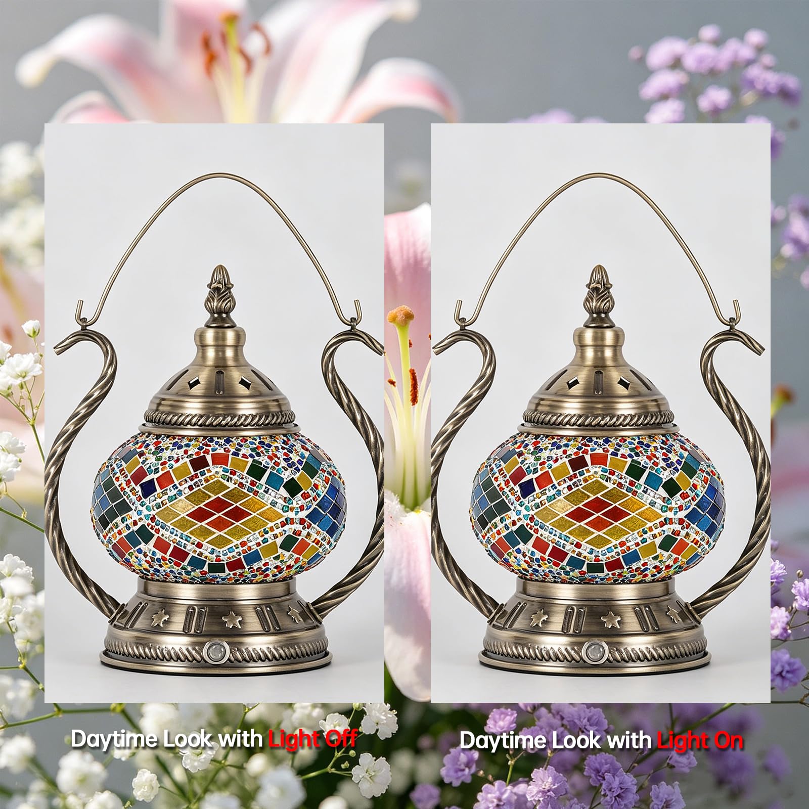 Styl Tiffany Turecka mozaika witrażowa lampa z uchwytem, ładowana przez USB, lampa stołowa, bohema, turecka, lampka nocna do salonu, dekoracja pokoju dziecięcego (szer. 13 cm x wys. 26 cm)