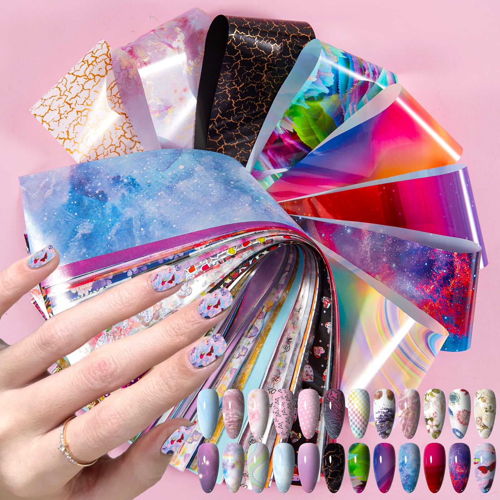 XEAOHESY 300 Sheets Nail Foils Transfer Nail Art Foil Stickers Aurora Gradient Marbling Flower Leopard Print Transfer Foil for Nails Decoration