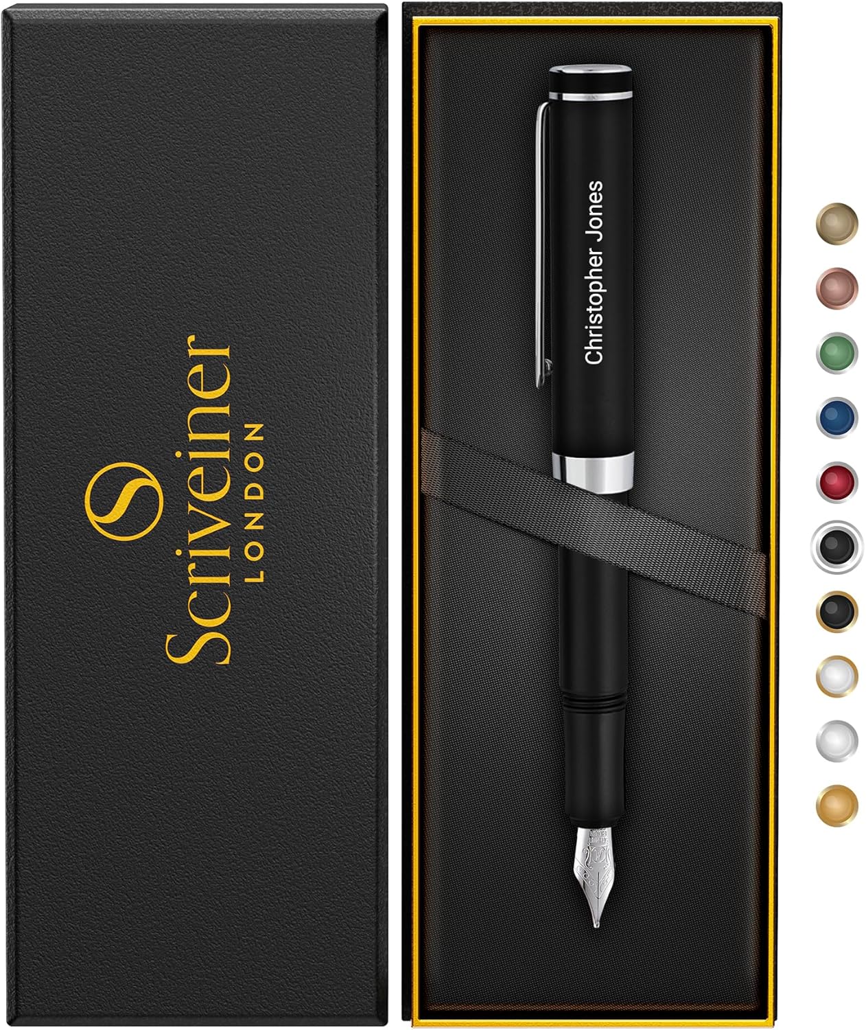 Scriveiner Personalized Luxury EDC Fountain Pen (Medium), Stunning Matt Black Pocket Pen, Chrome Finish, Schmidt German Nib, Best Engraved Fountain Pen Gift Set for Men & Women, Name Engraving