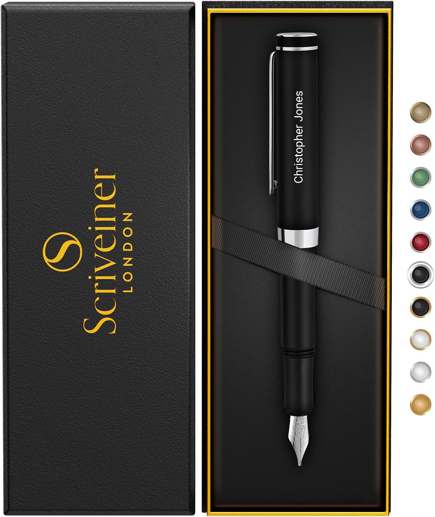 Scriveiner Personalised Luxury EDC Fountain Pen (Medium), Stunning Matt Black Pocket Pen, Chrome Finish, Schmidt German Nib, Best Engraved Fountain Pen Gift Set for Men & Women, Name Engraving