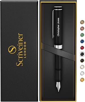 Scriveiner Personalized Luxury EDC Fountain Pen Medium, Stunning Matt Black Pocket Pen, Chrome Finish, Schmidt German Nib, Best Engraved Fountain Pen Gift Set for Men & Women, Name Engraving