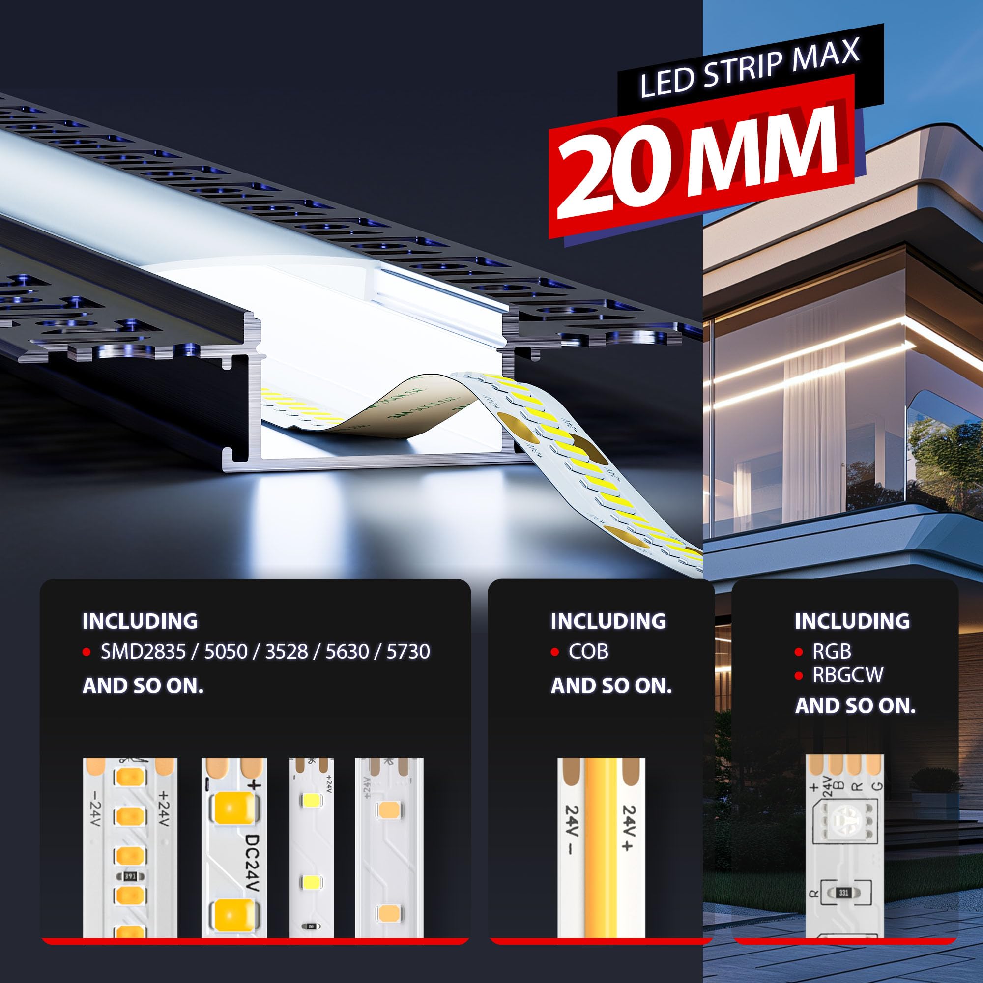 LED Trockenbauprofil 2m 16 Stück – LED Strip Kanal/Schiene mit Diffusor Leiste | Led Aluprofil für led-Streifen bis 20mm, Größe 64.2 × 13.8mm | Inkl. Endkappen (SA01, 2M 16 Stück)