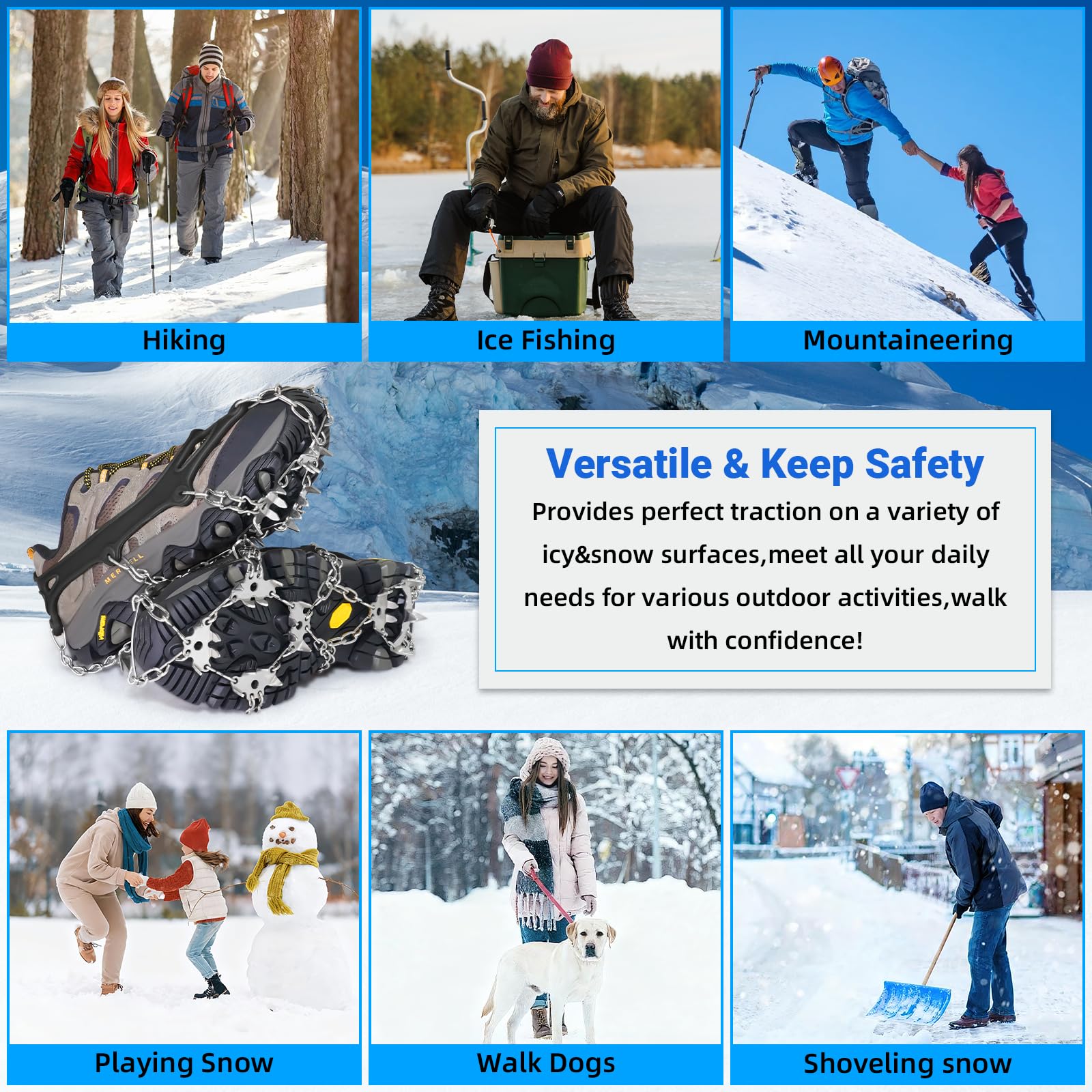 24 ramponi per scarpe, tacchetti da ghiaccio a trazione da neve, per donne e uomini, in acciaio inox, ideali per escursionismo, pesca, arrampicata e alpinismo
