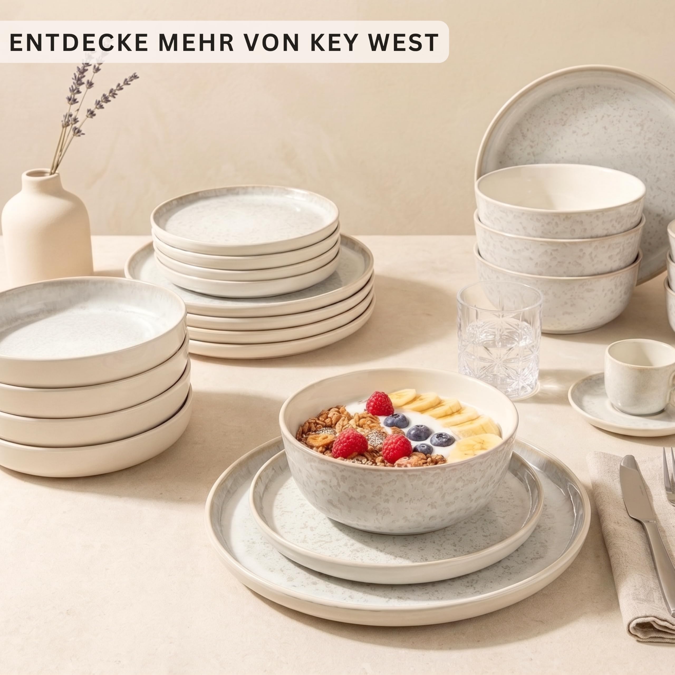 SÄNGER Key West | Steingut Geschirr Set 24 tlg, Teller Set 6 Personen, 6x Speiseteller, Müslischalen, Dessertteller, Pastaschalen, Tafelservice Creme Farben mit Sandiger Maserung | VALUE COLLECTION