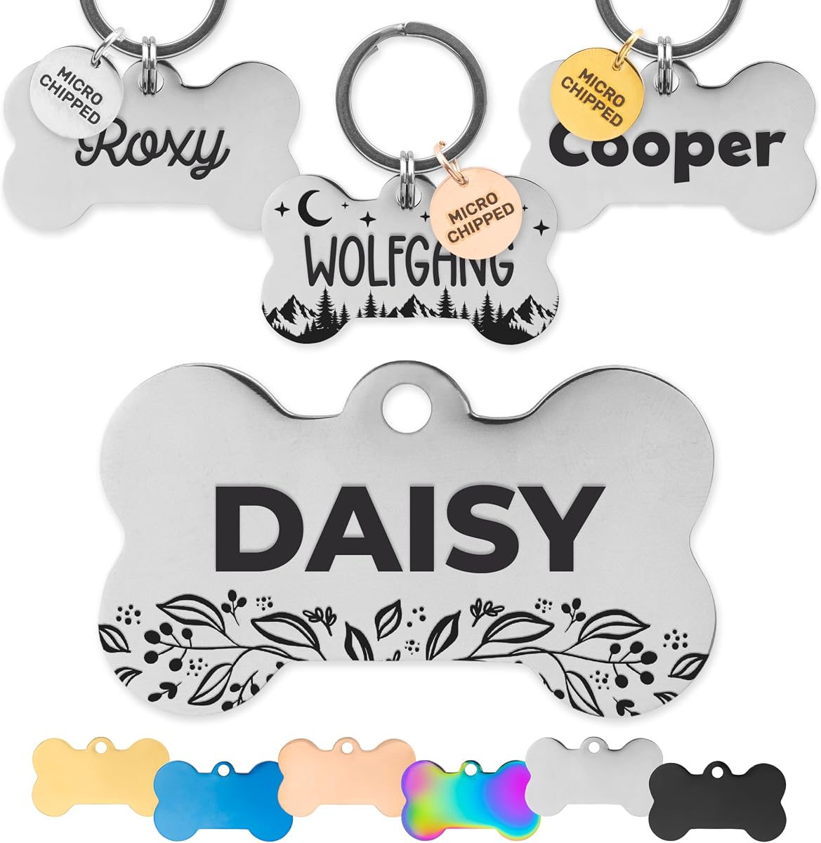 ExcelMark Pet ID Tags - Customized Dog and Cat Tags (Bone, Silver)