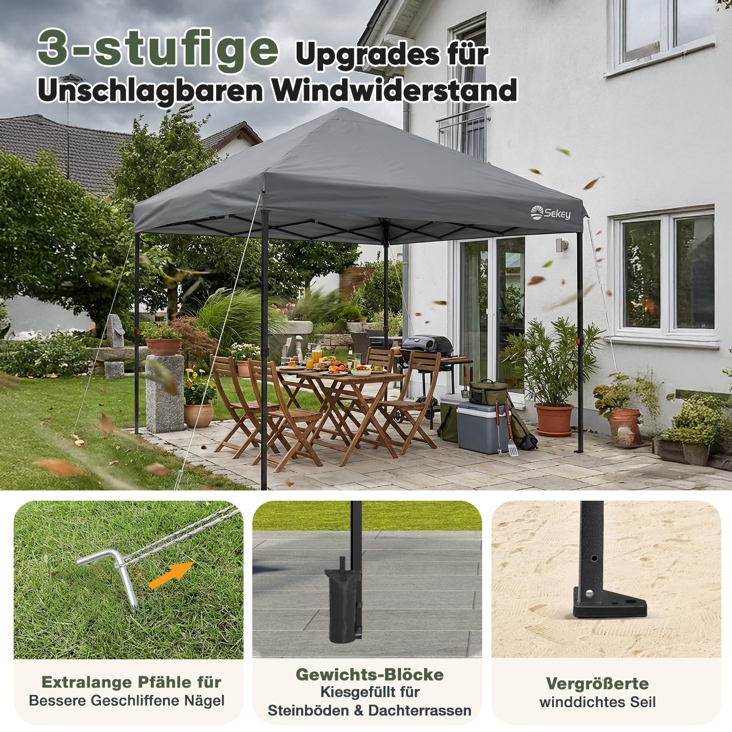 Sekey One-Touch Pop Up Pavillon 3x3 Wasserdicht Stabil Winterfest, Faltpavillon 3x3m mit Verdickten Röhren, Partyzelt Pavillion Klappbar für Camping Festival Party, Premium Serie 3x3, Anthrazit