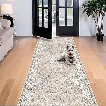 4x10 Hallway Wide Runner Rug: Washable Oriental Soft Area Rug for Living Room Bedroom Stain Resistant Low Pile Carpet for Entryway Ktichen Thin Non Slip Floor Mat for Bathroom Dining Room(Beige,4x10)