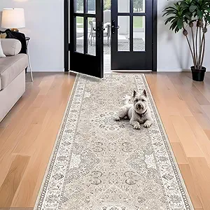 4x10 Hallway Wide Runner Rug: Washable Oriental Soft Area Rug for Living Room Bedroom Stain Resistant Low Pile Carpet for Entryway Ktichen Thin Non Slip Floor Mat for Bathroom Dining Room(Beige,4x10)
