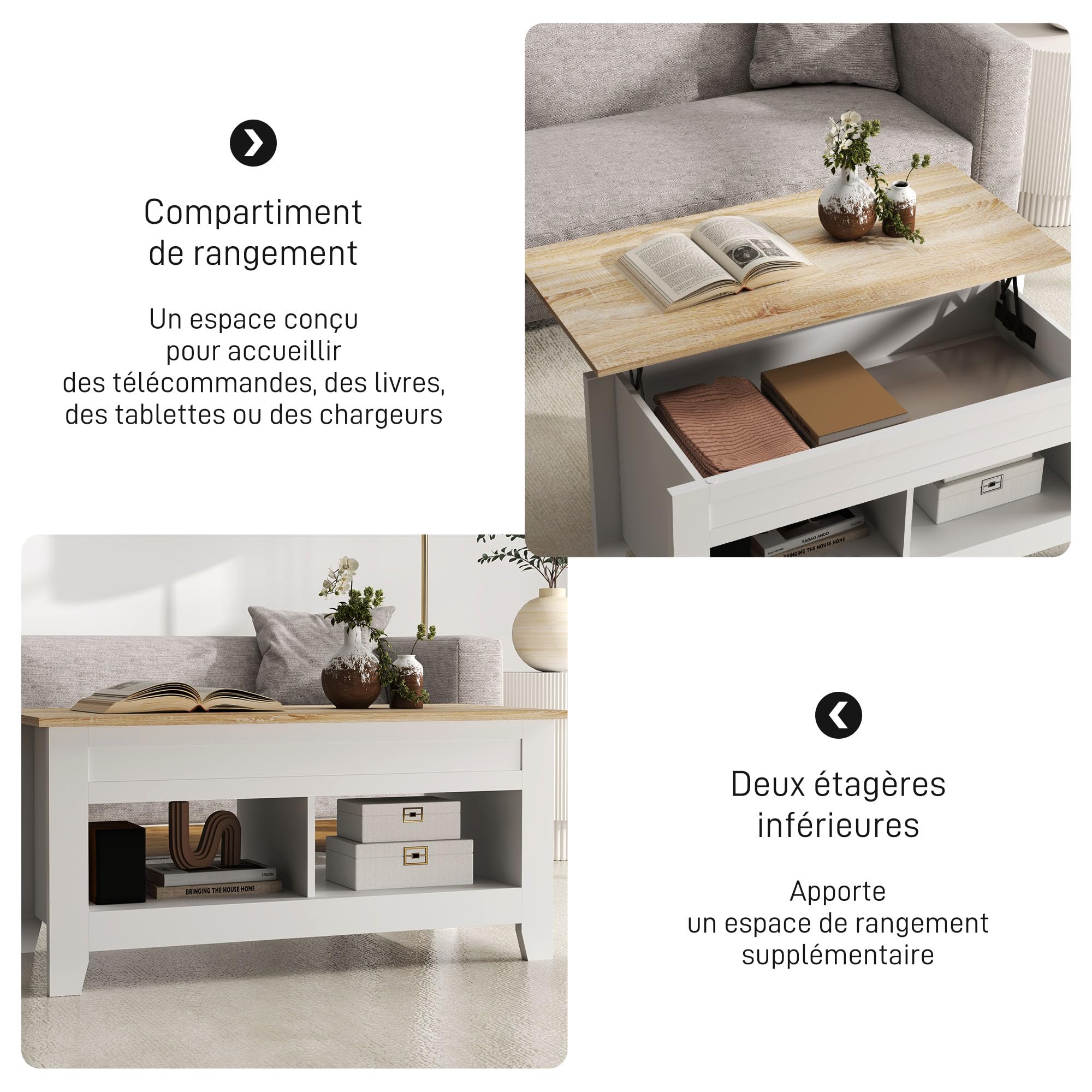 HOMCOM Table Basse Plateau Relevable 105x50x49-62,5cm Blanc