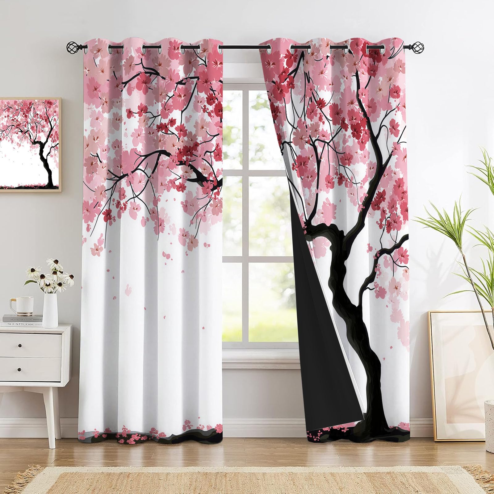 Kirschblütenbaum Vorhänge, Realistischer Stil Vorhang Blickdicht Thermo Verdunkelungsvorhänge Mit Ösen - Rosa Gardinen Wohnzimmer Schlafzimmer Fenster - H175 x B140 cm (2er Pack)