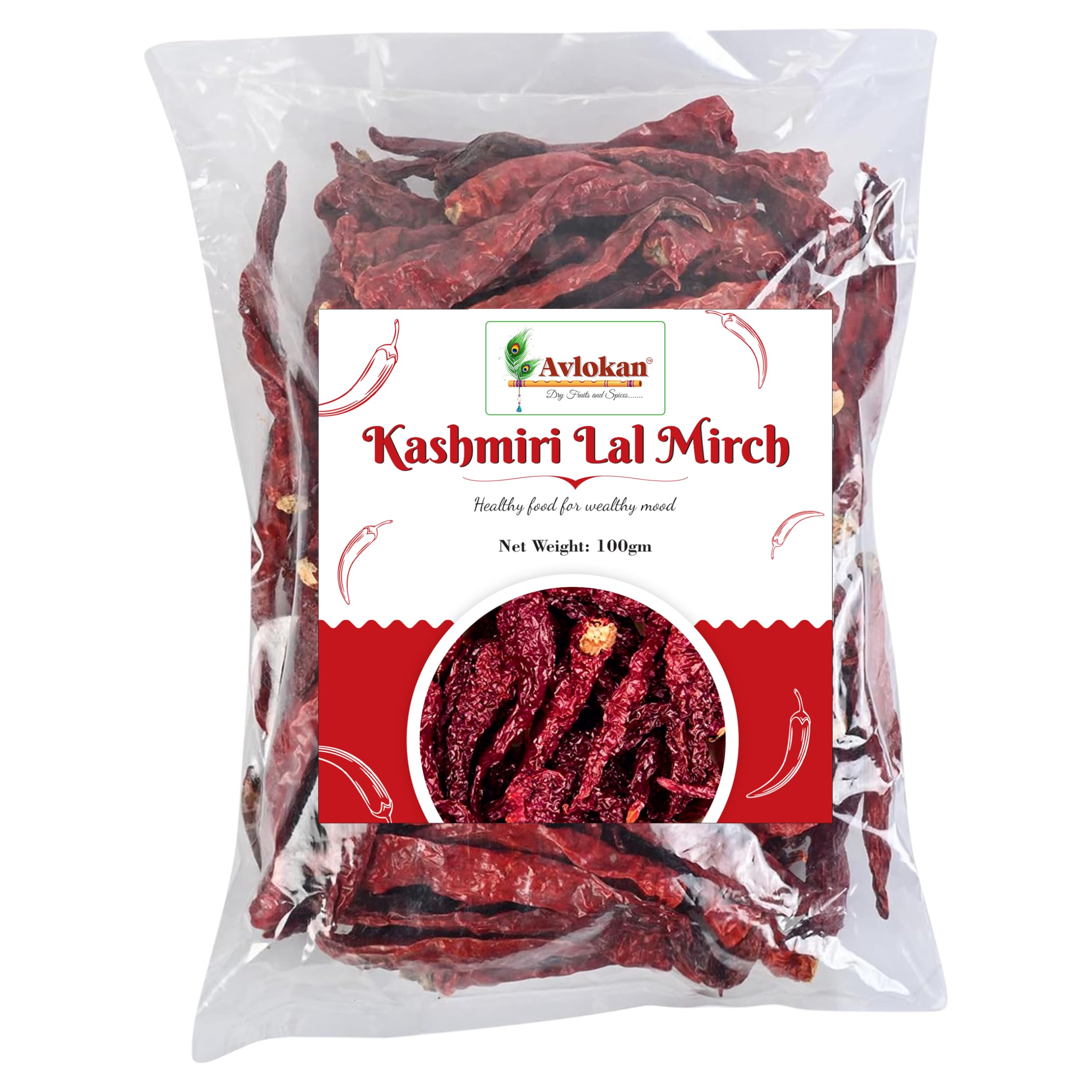 Avlokan Kashmiri Stemless Red Chilli 100 Gram- 100% Natural, Hot & Spicy Dried Red Chilli | Kashmiri Sabut Lal Mirch Kashmiri Stemless Red Chilli, 100G