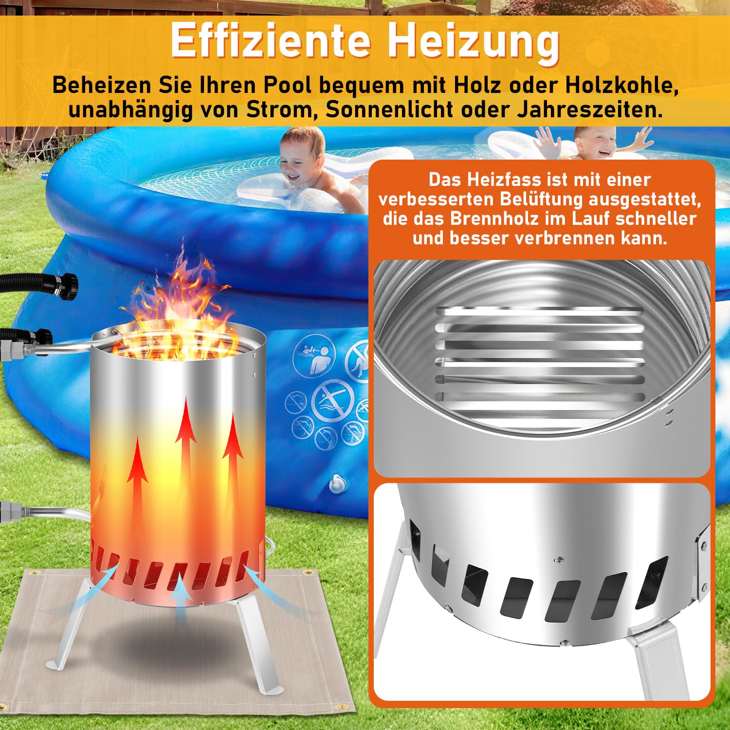Calefacción para piscina de leña, calefacción de piscina con fuego, calentador de piscina, barril de fuego de acero inoxidable, cubo de fuego climatizado, 32/38 mm, conectores 100% de acero
