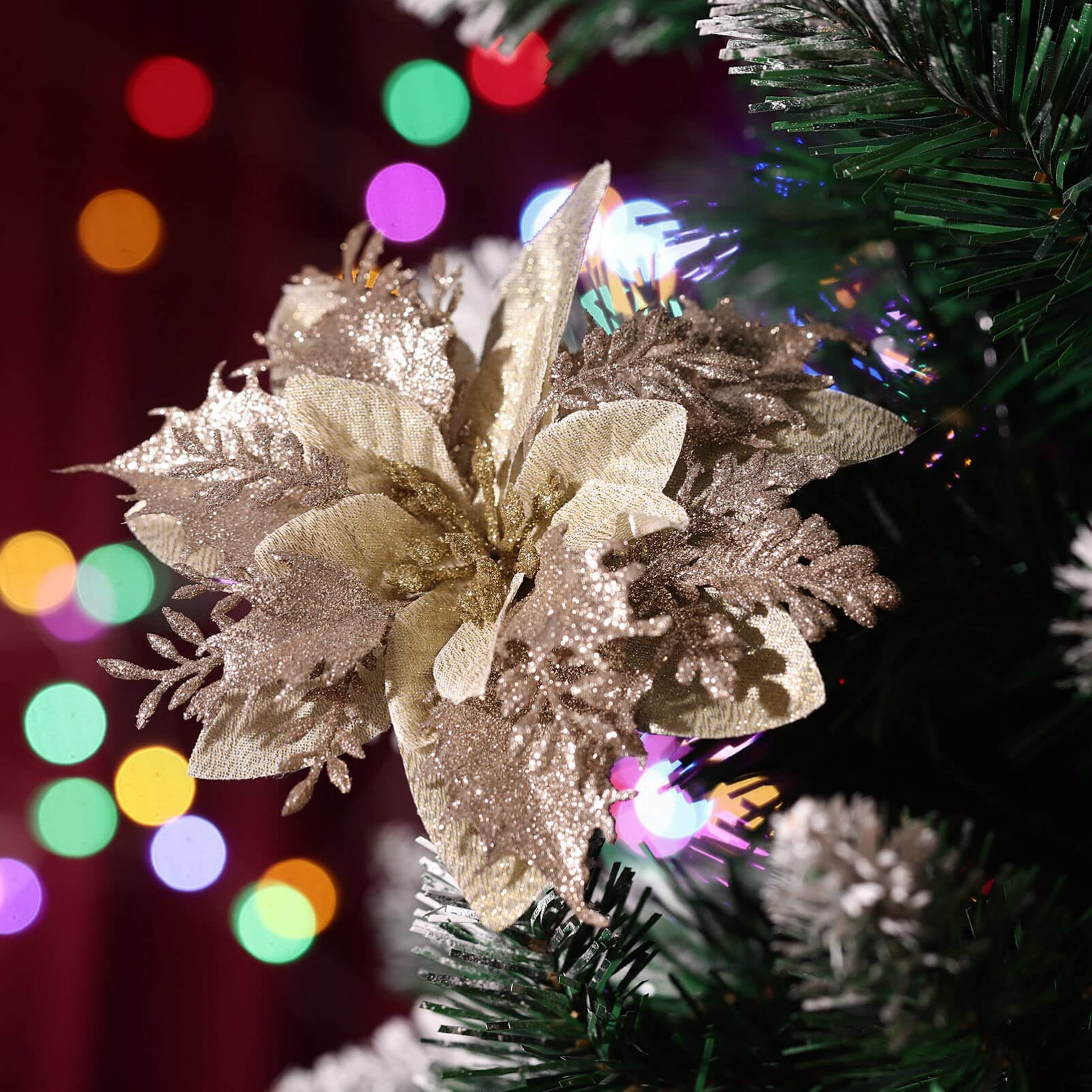 TOYANDONA 12 Stück Weihnachten Glitter Weihnachtsstern Künstliche Blumen Dekorationen mit Clips und Stielen Glitzer Weihnachtsbaum Weihnachtsstern Dekorationen für Weihnachten Hochzeit Neujahr