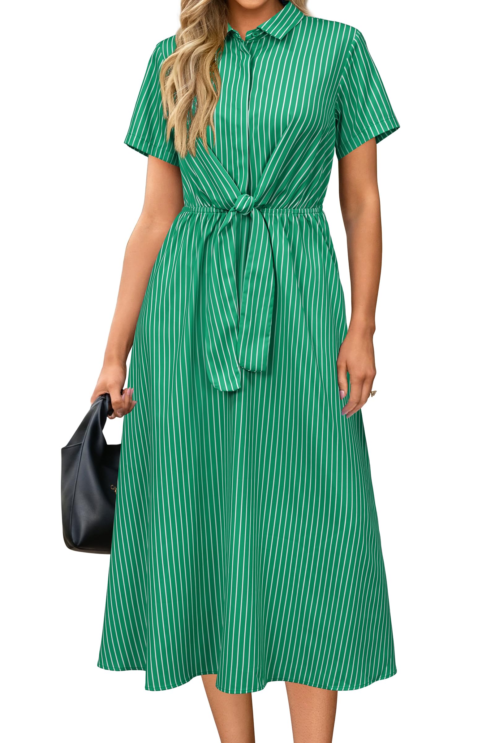 Newshows Women's Work Business Casual Outfits Tie Waist Midi Shirt Dress
