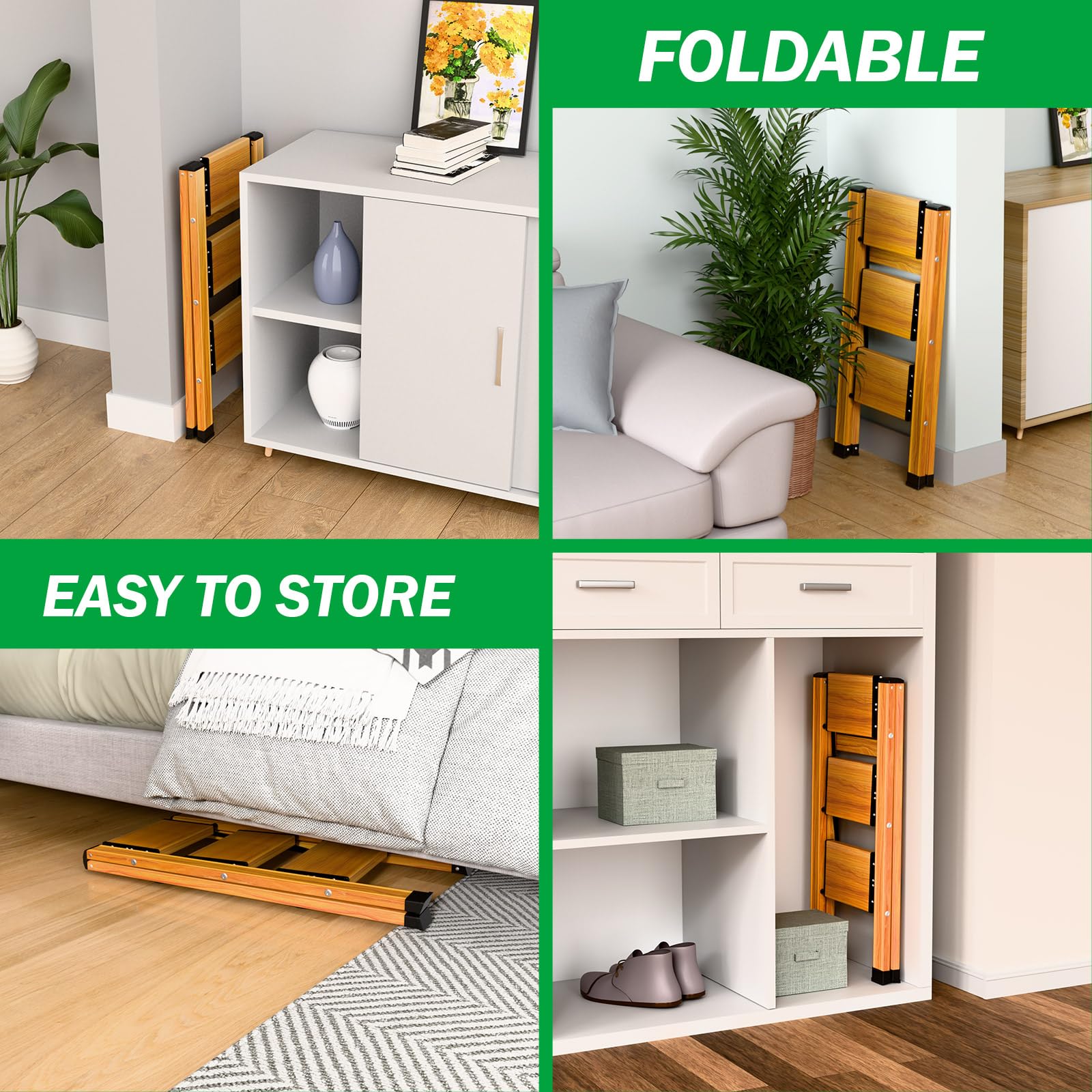 3 Gradini Scala Pieghevole in Alluminio, Scala Portatile Antiscivolo, Scala Multifunzione con Design a Trama Legno, Resistente fino a 150 kg per Casa, Cucina, Bagno, Campeggio