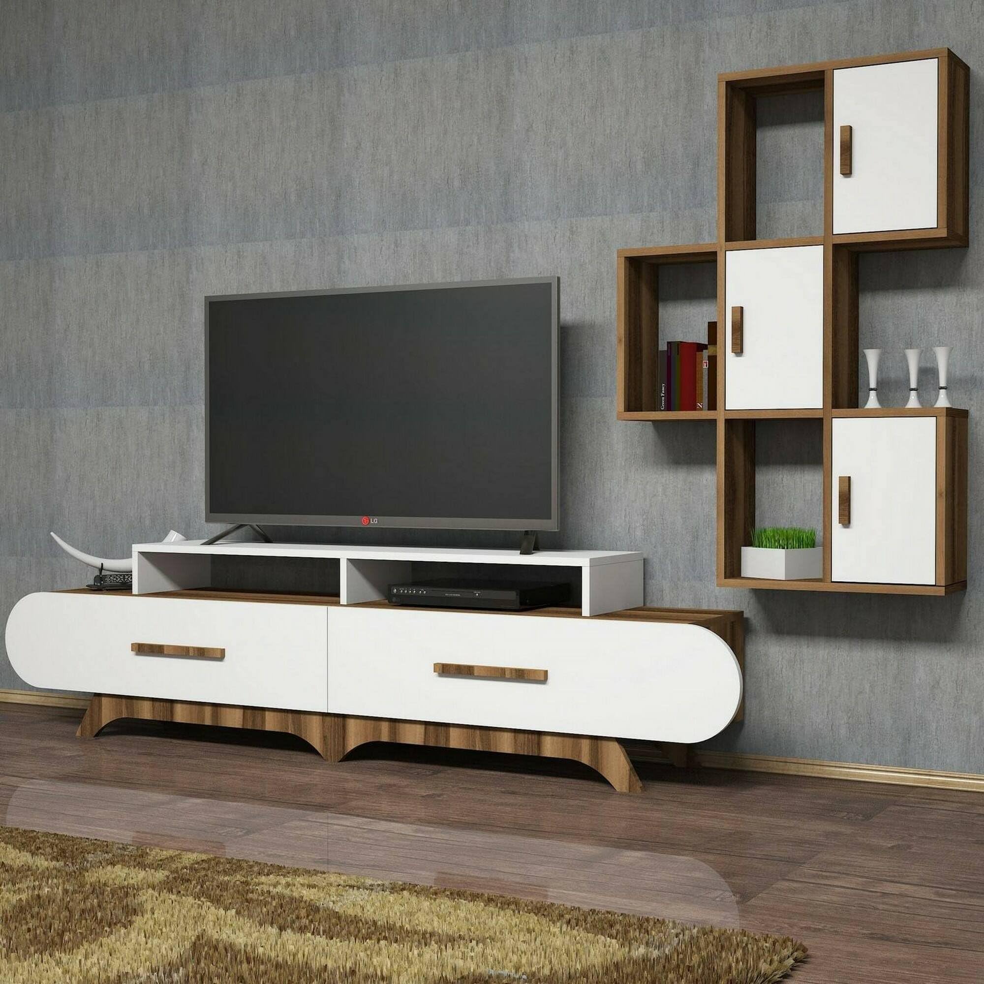 Dmora - Parete attrezzata Zephyria, Composizione soggiorno, Mobile salotto multiuso, Armadio porta TV, 205x37h50 cm, Noce e Bianco