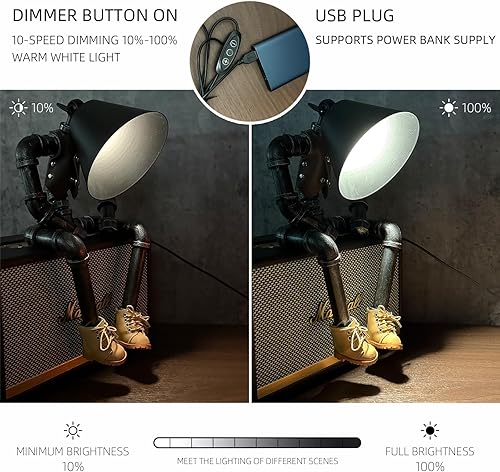 Miniatura 4 de Lámpara de mesa Steampunk Cowboy Robot, diseño de botas y chaleco con luces de robot industrial, brillo ajustable, decoración retro única y regalos