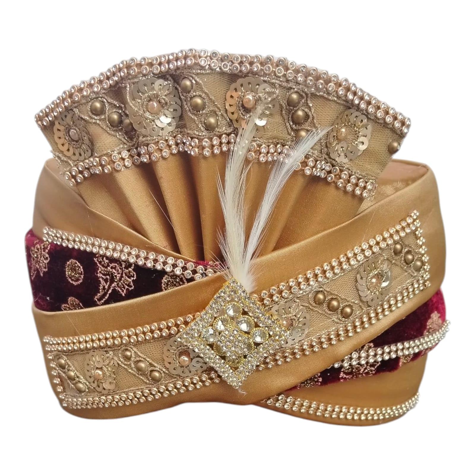 laxmi creation Wedding Pagdi for Men, Gold with Embellished Beadwork and Sequins, Traditional Indian Groom Turban-picture-37