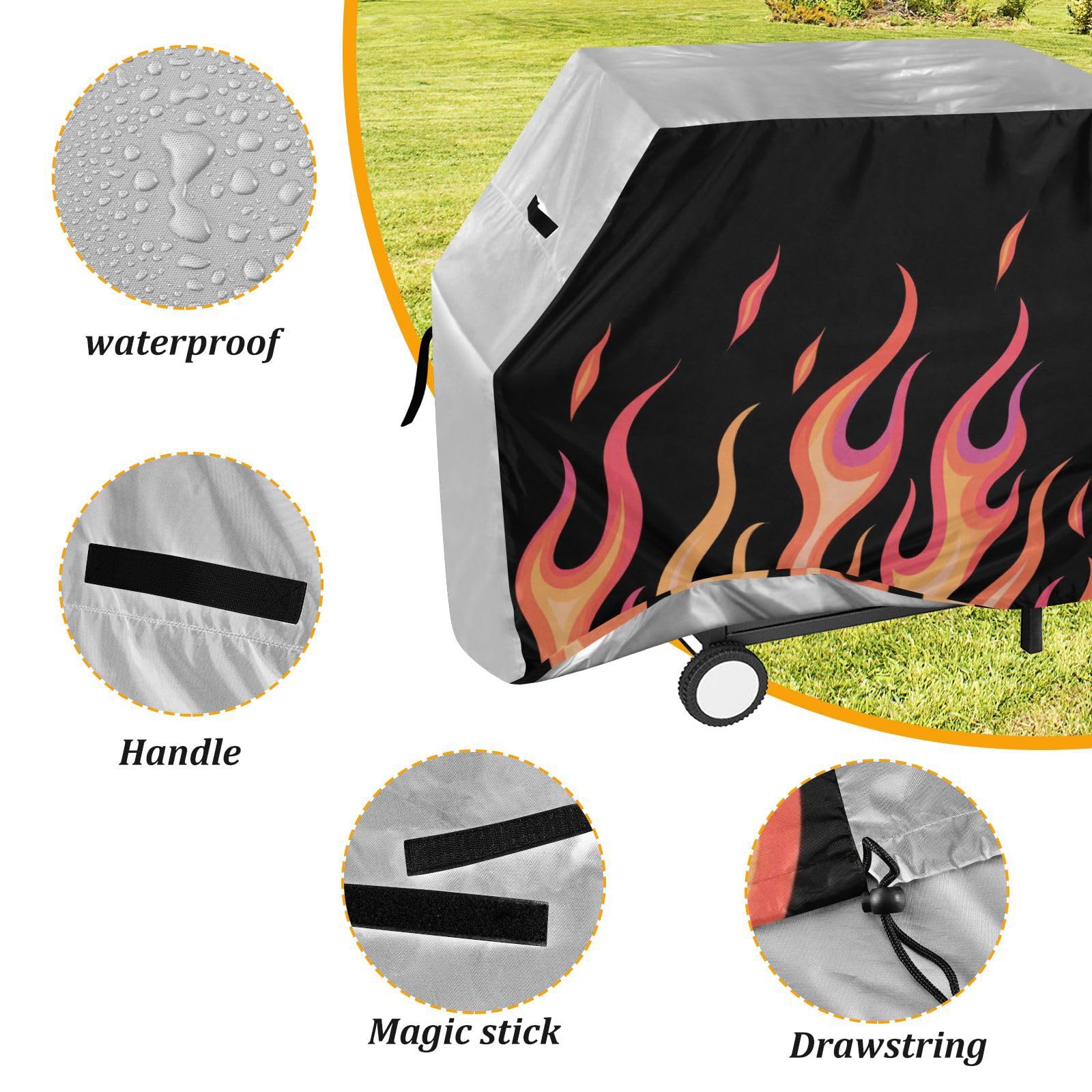 Flowing Fire Orange Giraffe pokrowiec na grilla na patio 150 cm, wodoodporny, wytrzymały, odporny na blaknięcie i promieniowanie UV, pokrowce na wędzarnie z regulowanym sznurkiem na kurz i wiatr