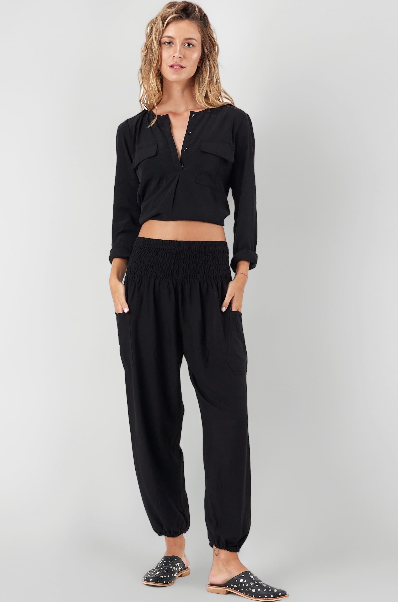 Happy Trunks Harem Pants - S M L XL 2XL - Womens Plus Hippie Bohemian Yoga Elephant Pants (X Large, Black Solid)