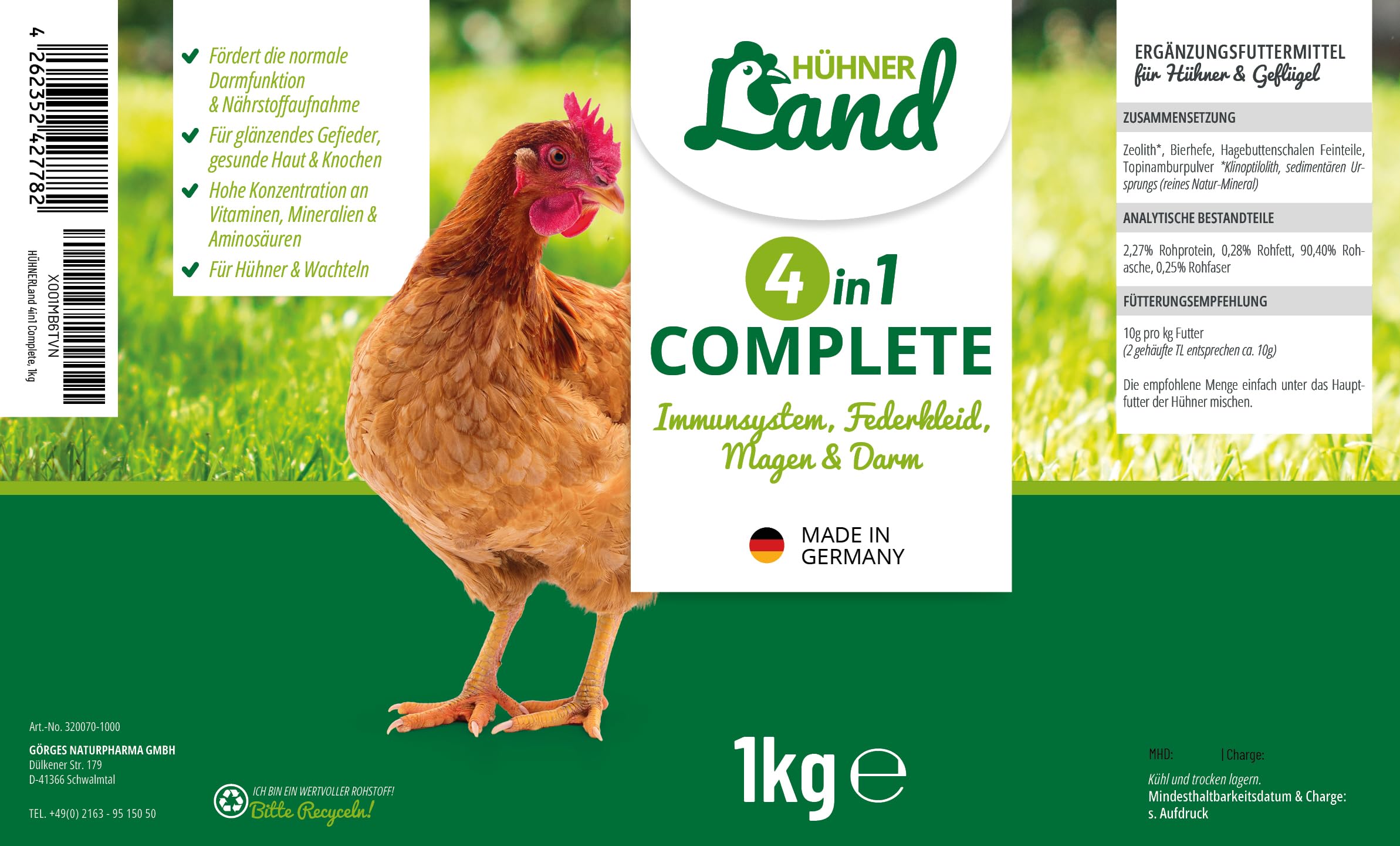 HÜHNER Land 4in1 Complete 1kg pour volaille - complément Alimentaire pour Poulets, vitamines pour Poulets, Vitamine C, Vitamine B, Plumage, système immunitaire, estomac et intestins