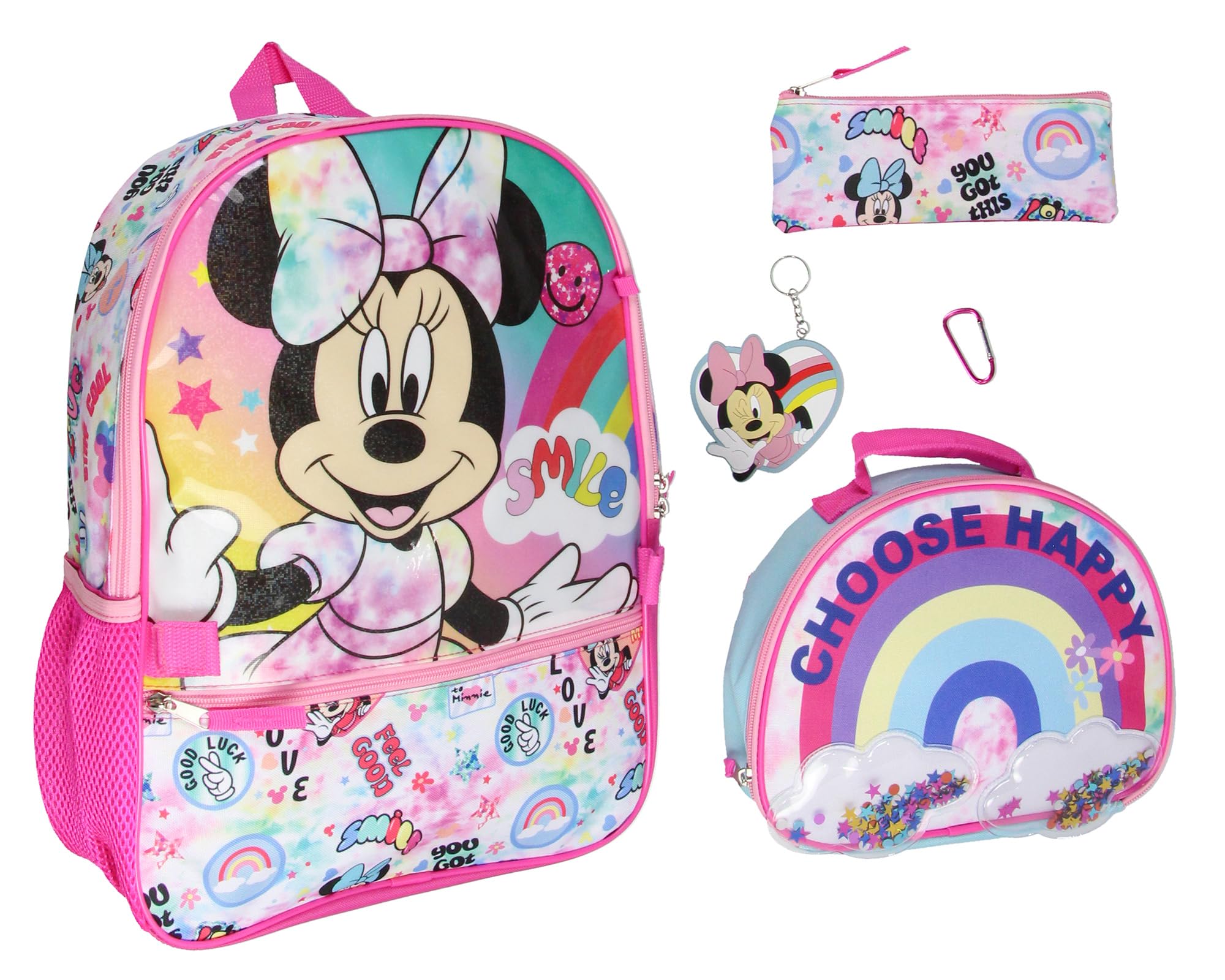 Disney Minnie Mouse Choose Happy 5pc Set Backpack Lunch Box Key Chain Pencil Case Carabiner 16"