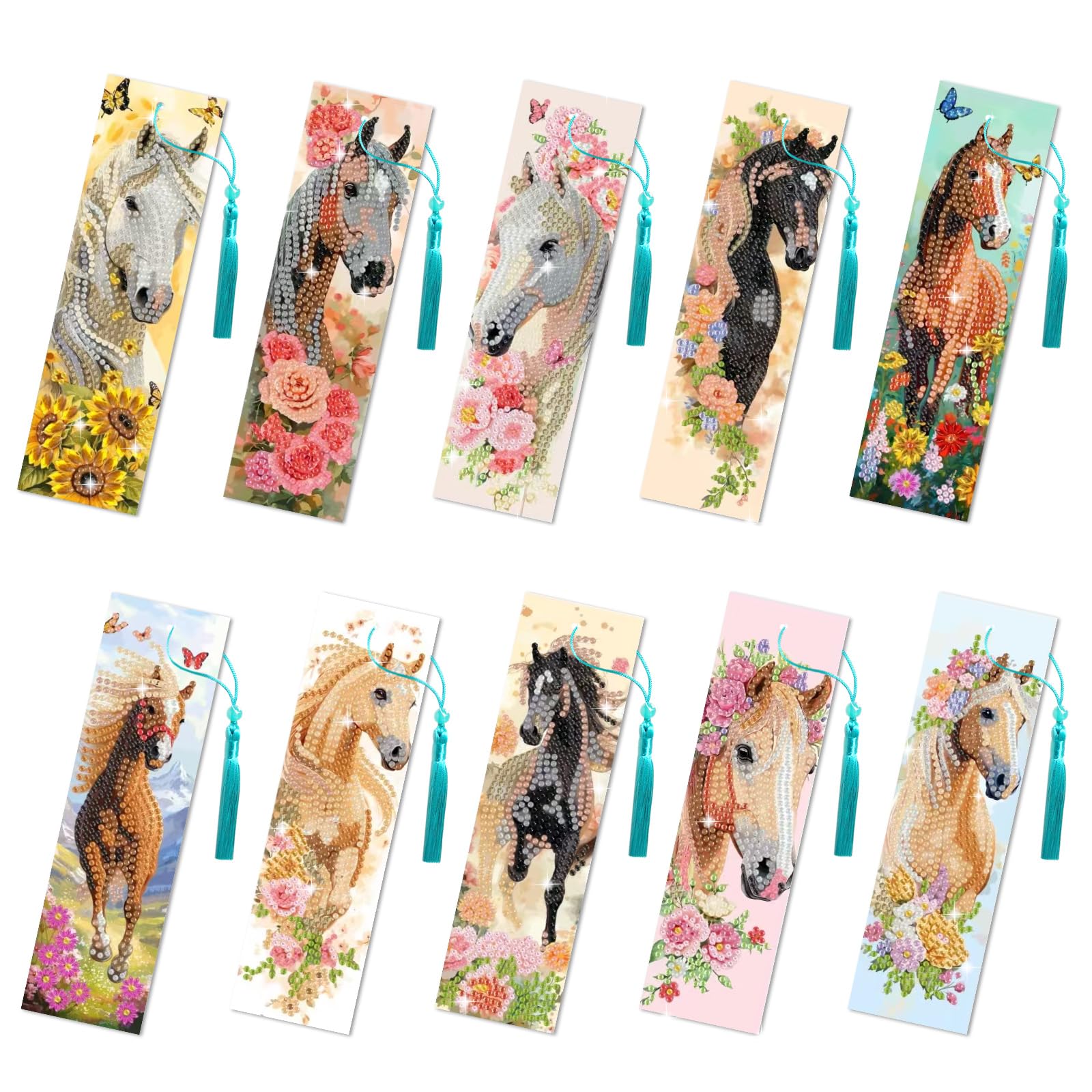 beinkmake 10Pcs Horse Flower 5D Diamond Art Bookmarks Floral Diamond DIY Painting Bookmarks Rhinestones Beaded Acrylic Tassel Bookmark for Adult Beginner Crafts