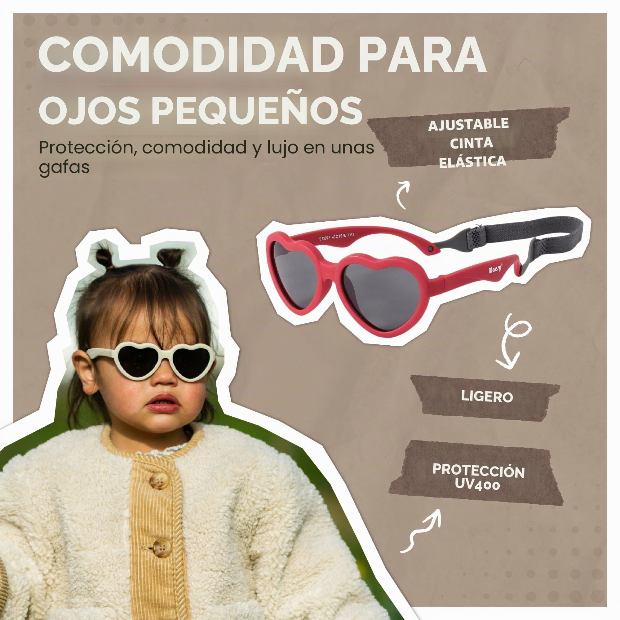 Gafas de Sol para Bebé, 0-2 Años, Protección Polarizada UV400, Montura Flexible y Blanda, Cinta Elástica Ajustable, Gafas de Sol Seguras y Cómodas para Bebés, Maes