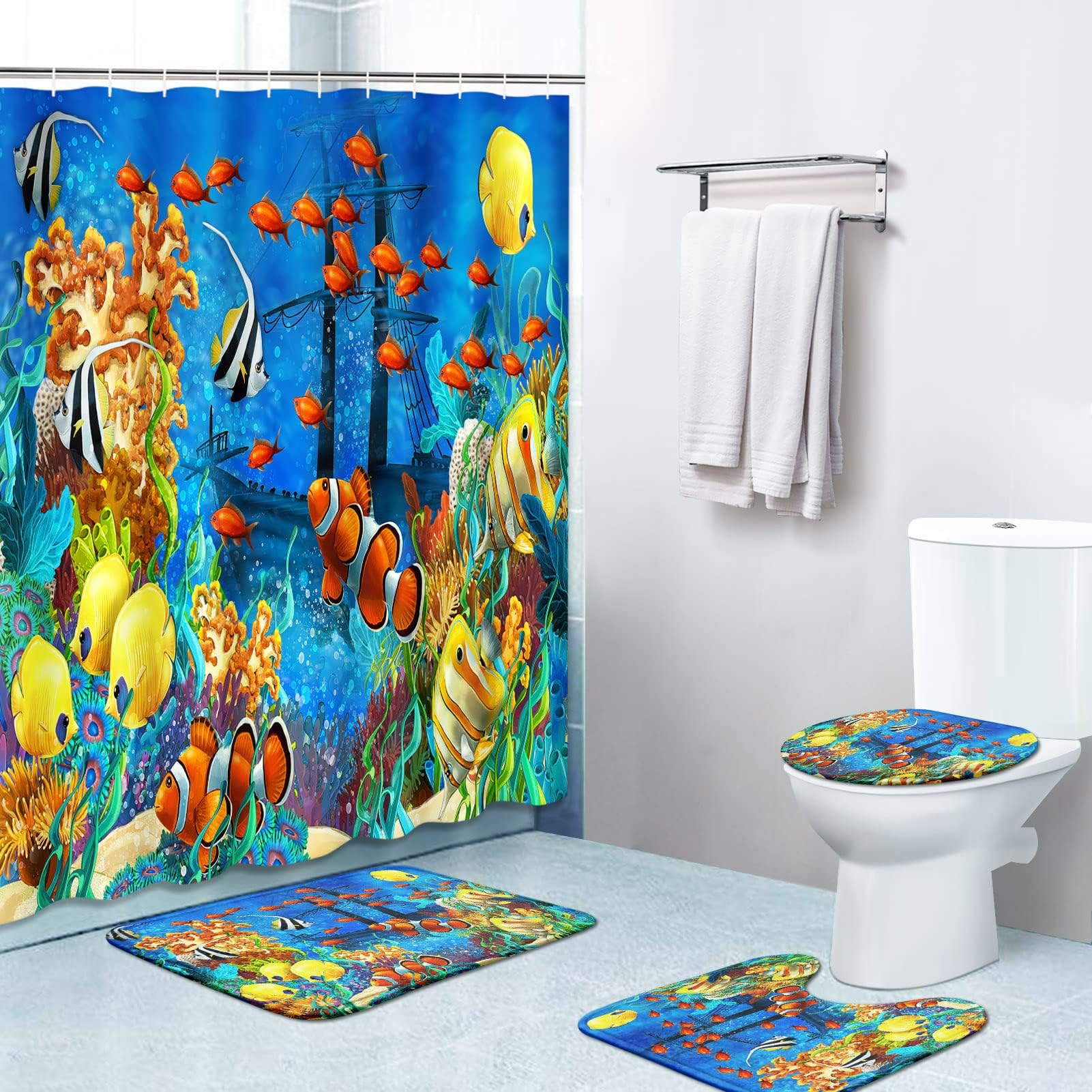 4 Piece Sea World Kids Shower Curtain Sets Bathroom Decor