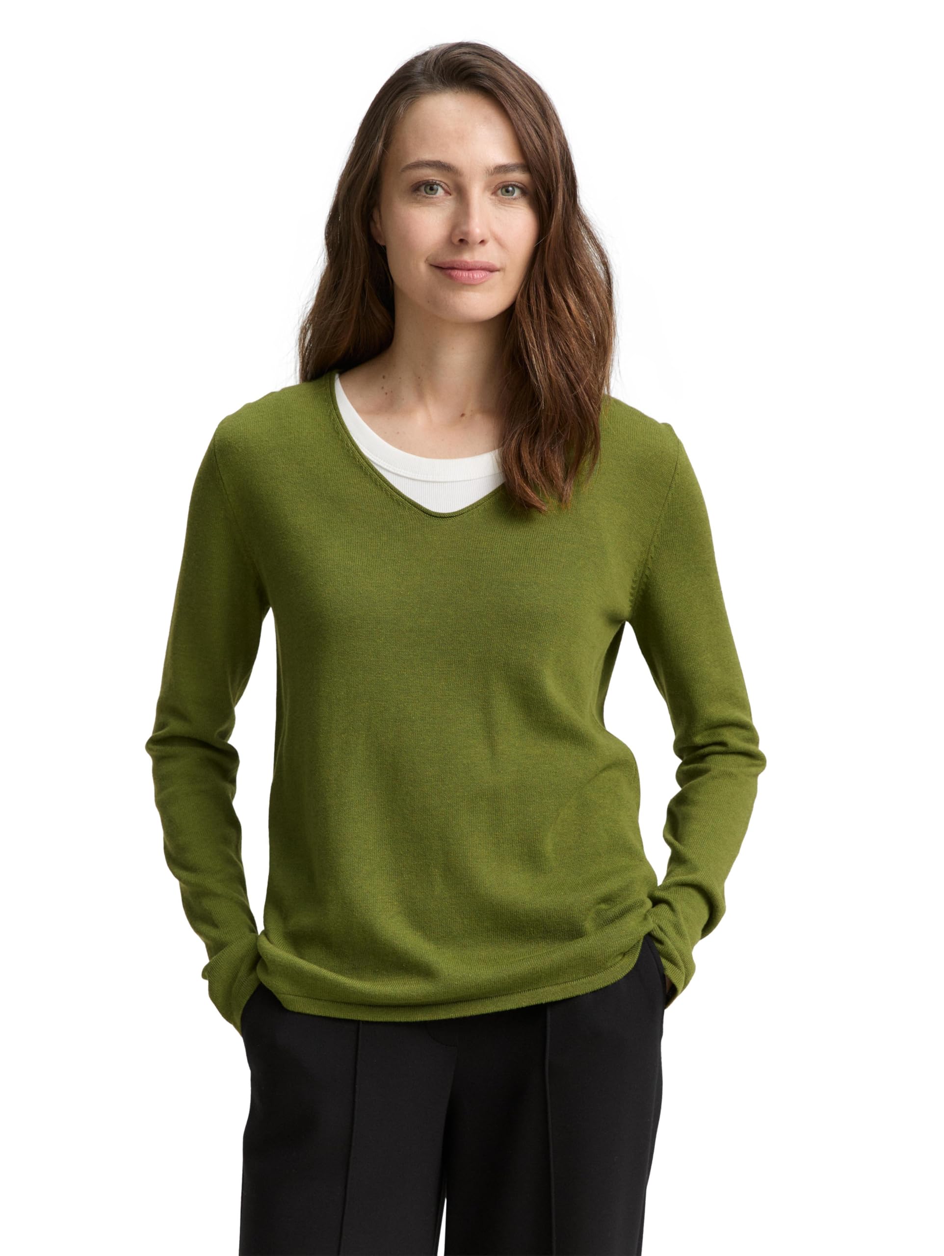 TOM TAILOR Women's Basic Knitted V-Neck Jumper, 38802 - Deep Ivy Green, XS