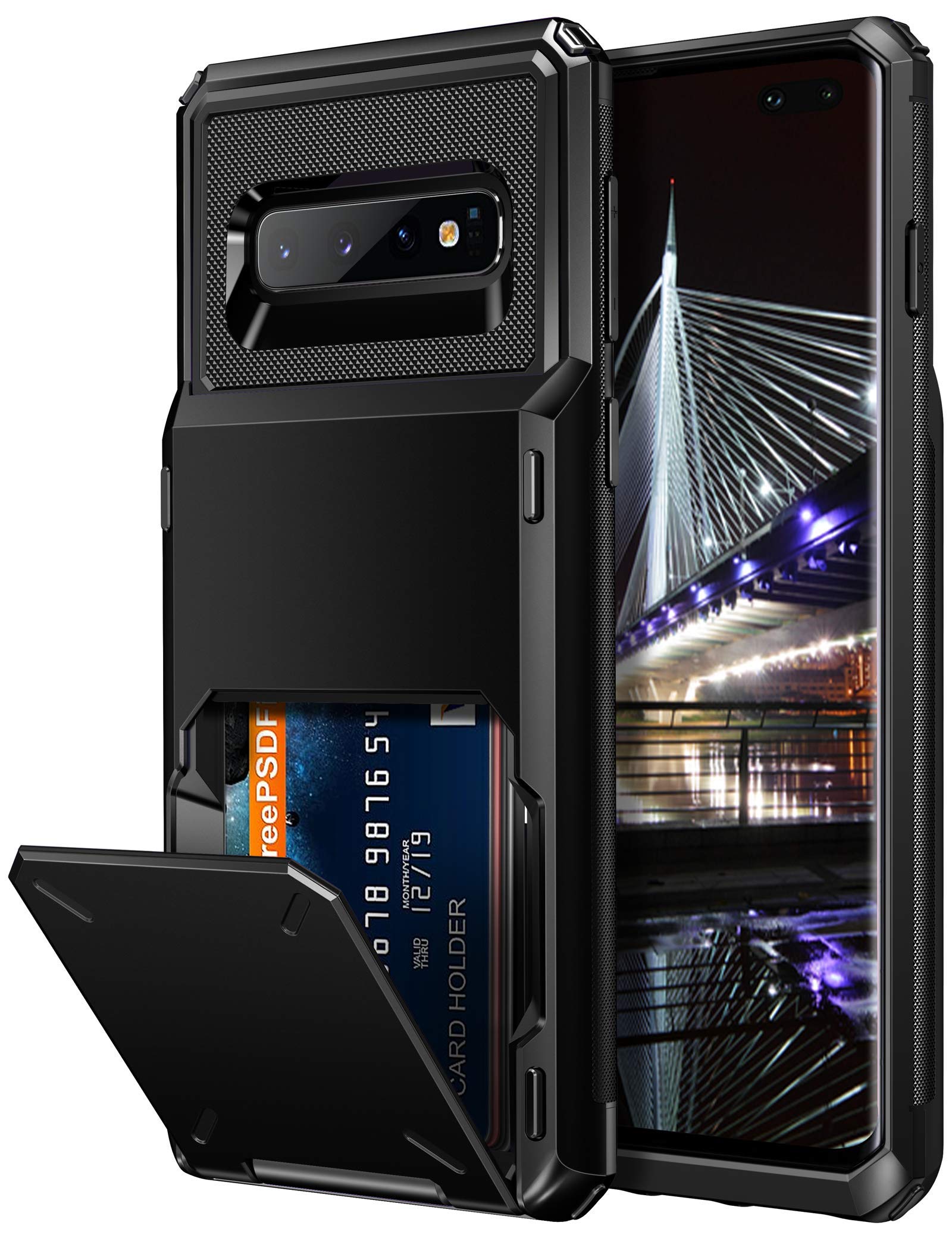 Vofolen Galaxy S10 Plus Case Wallet with 4 Card Pocket, Anti-Scratch Dual Layer Protective Bumper, Tough Rubber Armor Hard Shell Cover, Black