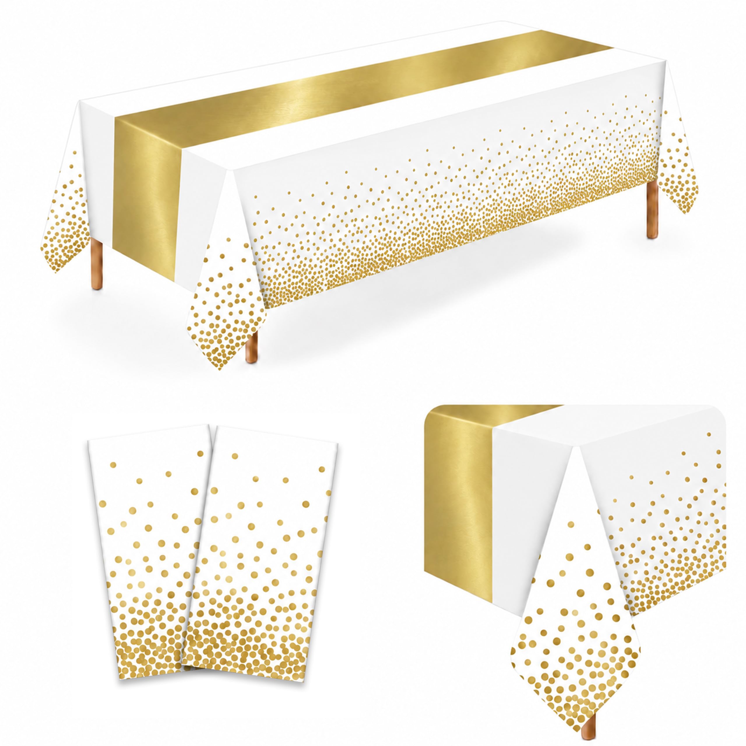 2 Pack White Gold Plastic Tablecloths, 54 x 108 Inch Rectangle Covers