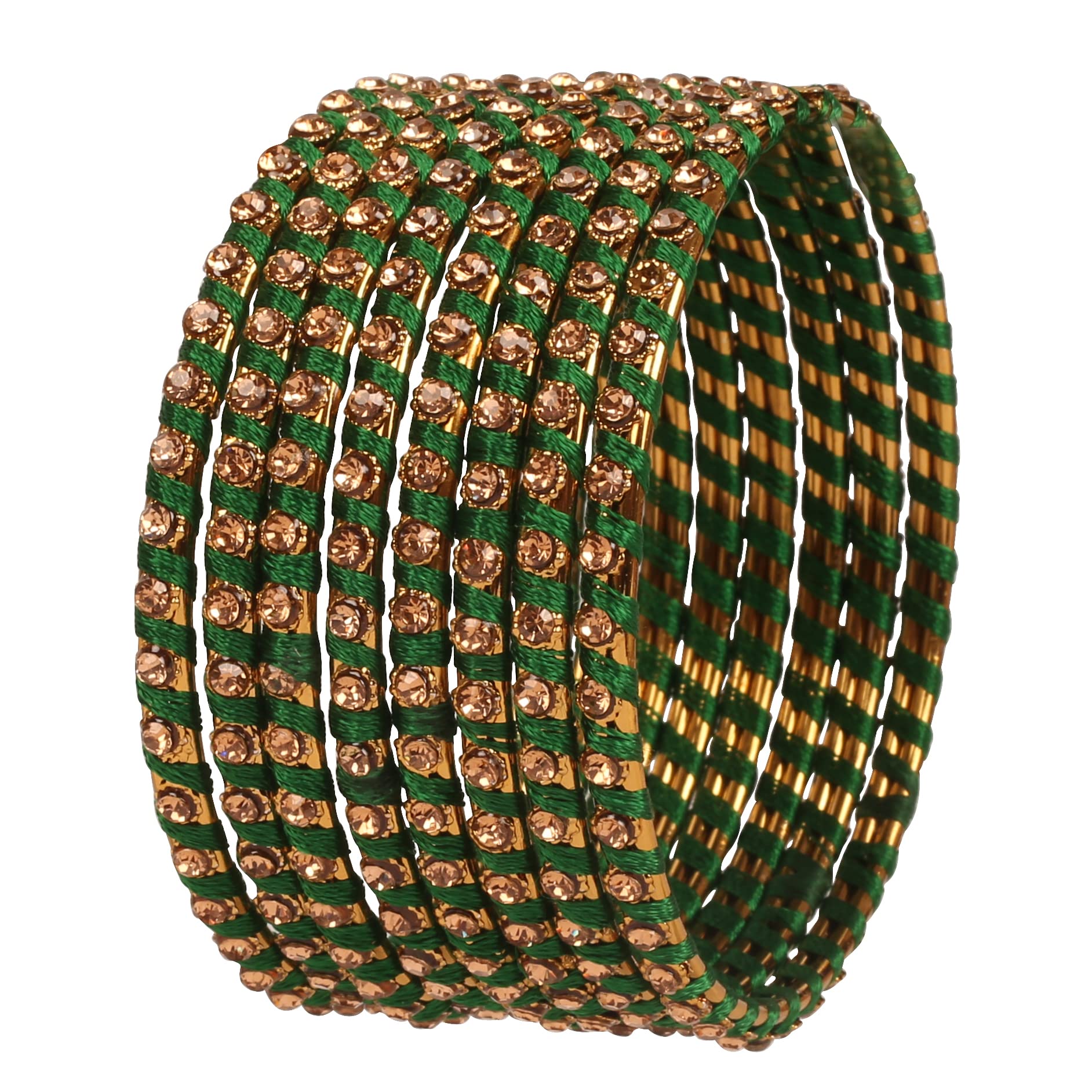 TouchstoneNew Silk Thread Bangle Collection Indian Bollywood Hand Woven Silk Thread Green Color Rhinestone Designer Jewelry Special Large Size Bracelets Bangle Set of 8 for Women.