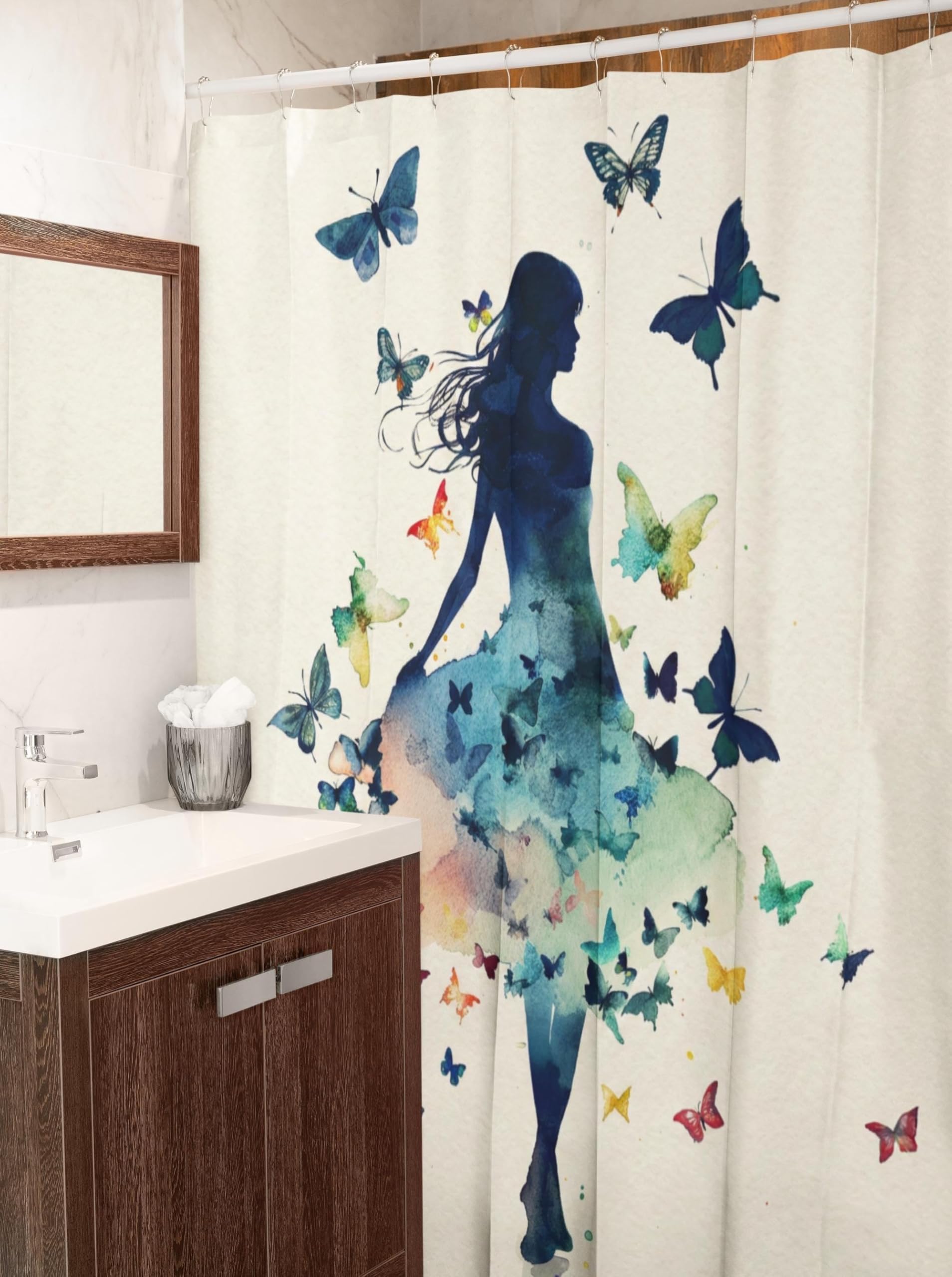 Tenda da doccia con farfalla e ragazza | Tenda da bagno con silhouette femminile ad acquerello | Decorazione per vasca da bagno in tessuto di poliestere (300x200 cm/118x79 pollici (LxA))