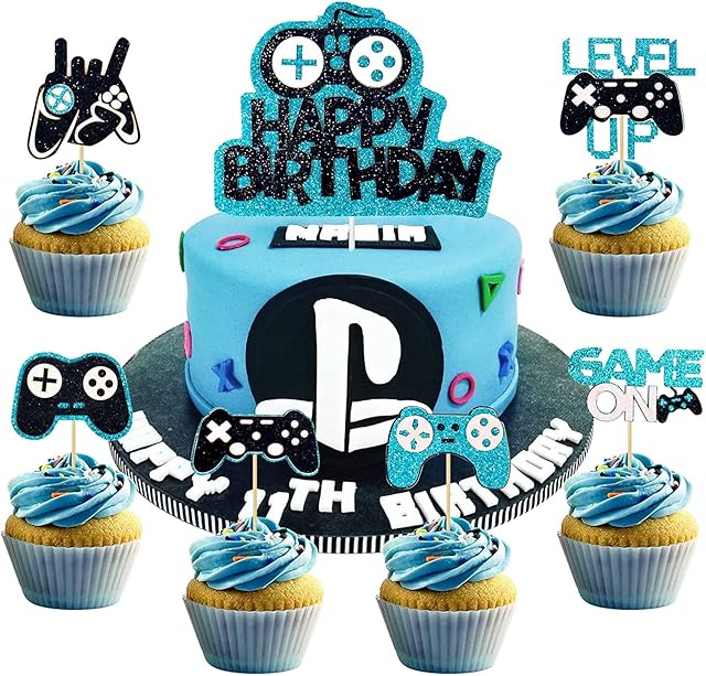 31PCS Video Game Cake Toppers Happy Birthday Video Game Cupcake Picks Gaming Theme Cupcake Topper Birthday Party Banner Game Controller Birthday Party Game Backdrop for Kid Gaming Themed Birthday
