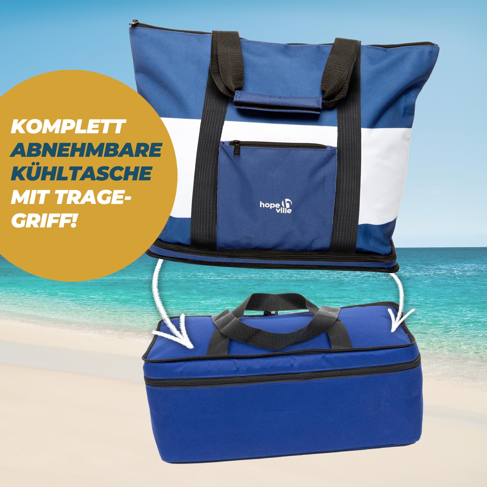 große XXL Strandtasche mit Reißverschluss und integrierter Kühltasche, wasserabweisende Familien Picknicktasche im Marine-Look für Urlaub, Picknick und Shopping (Blau-Weiß)