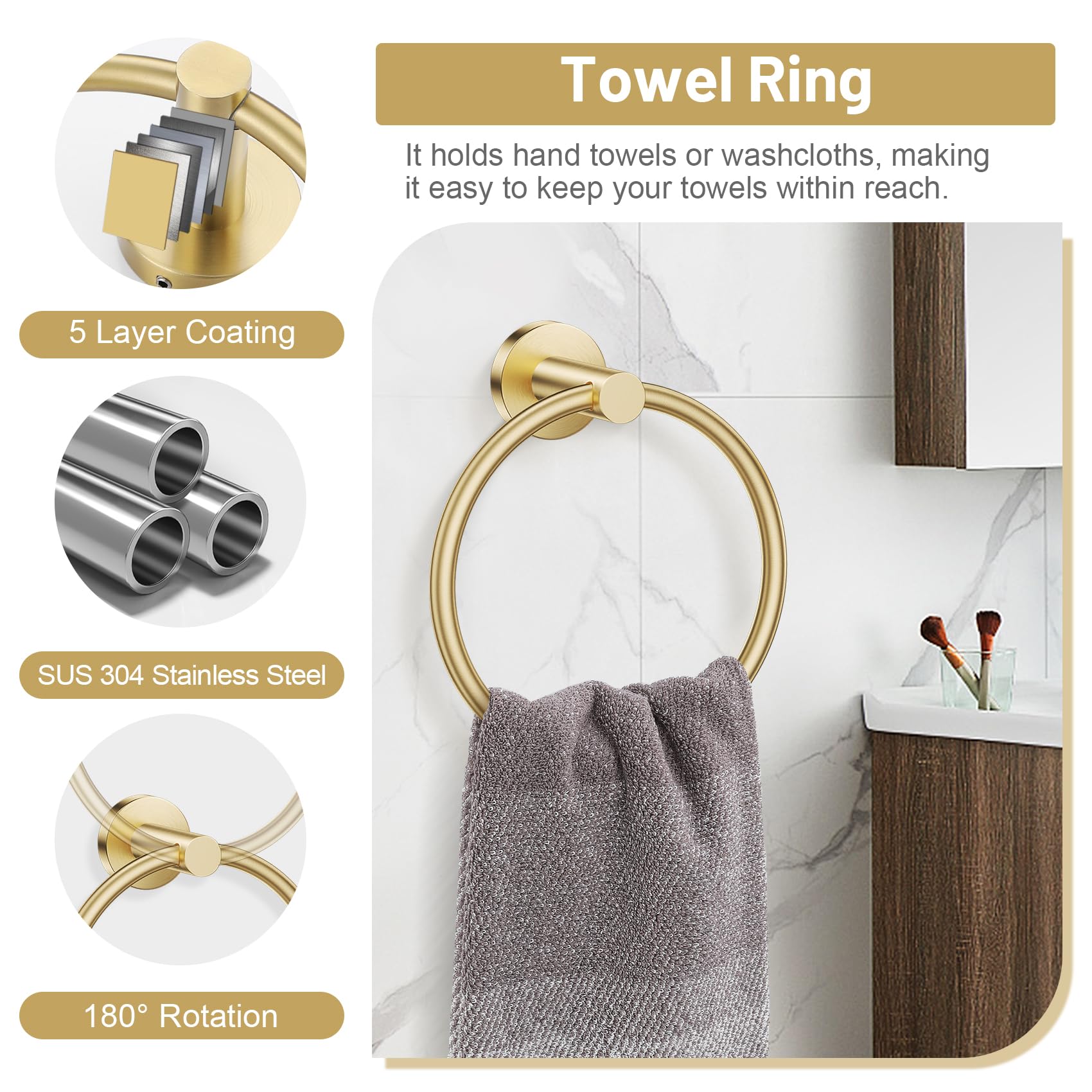 Brushed Gold Bathroom Hardware Set - Toilet Paper Holder & More -5
