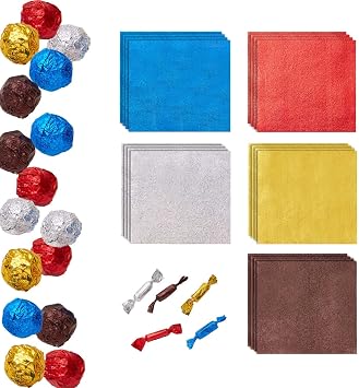 500pcs Chocolate Candy Wrappers Aluminium Foil Paper Wrapping Papers Square Sweets Lolly Paper Food Candy Tin Foil Wrappers for Candy Packaging Decoration 4 by 4-Inch 5 Colors