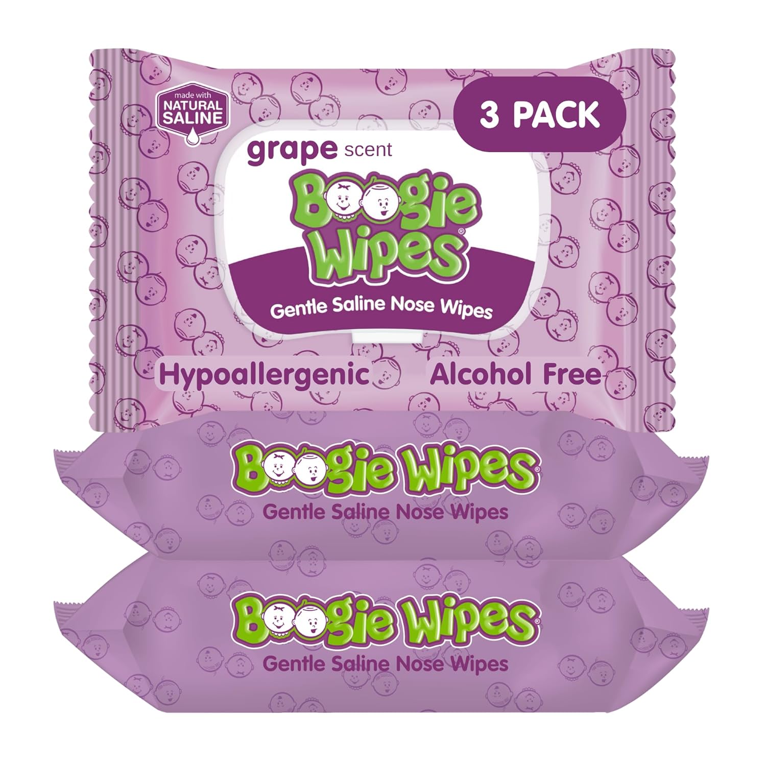 Boogie Wipes Saline Nose Wipes - 90 Count - Grape Scent, Hypoallergenic & Alcohol-Free - Allergy Relief - Made with Natural Saline, Aloe, Chamomile & Vitamin E - Diaper Bag Essential