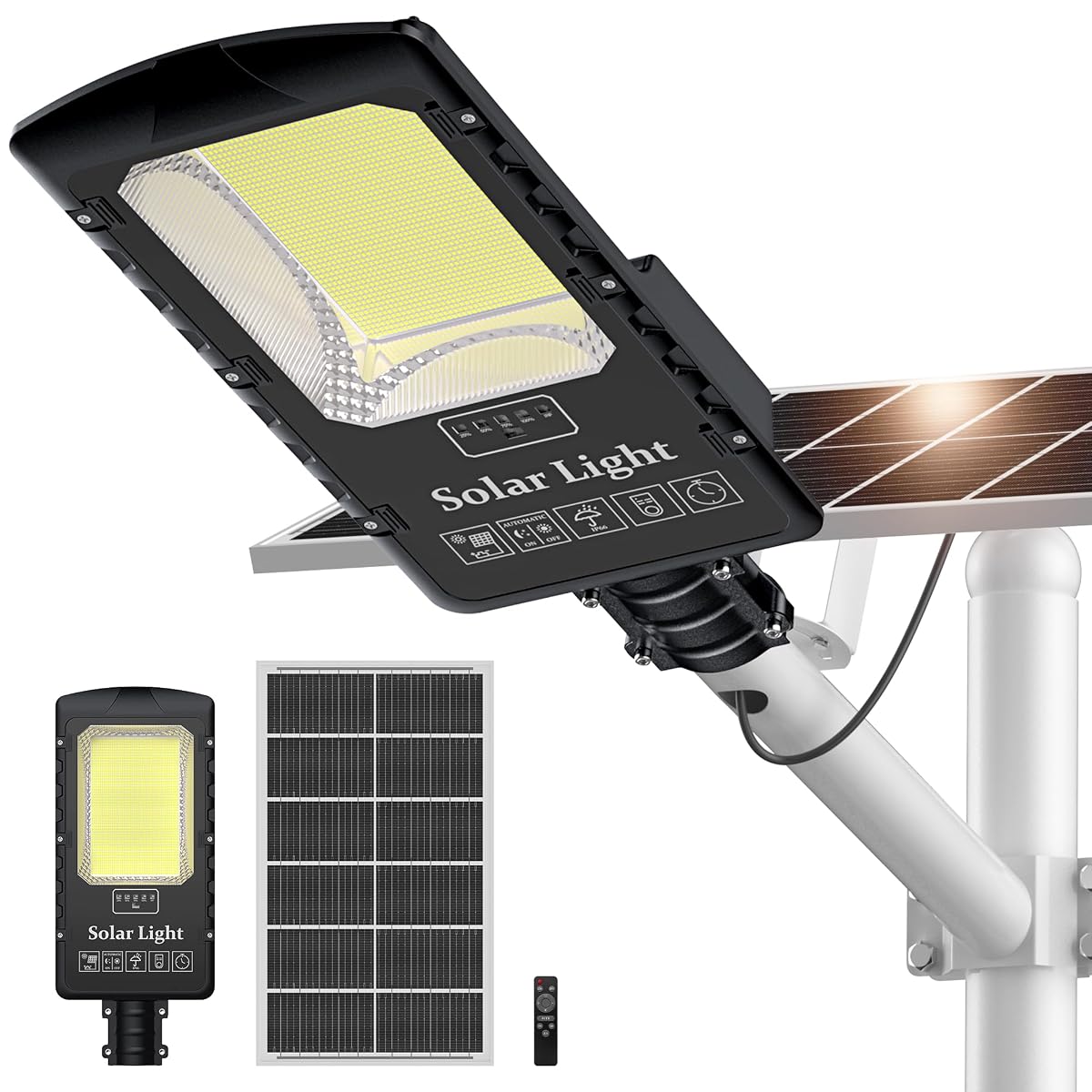 OKPRO Solar Street Light 20000W - 7000K Dusk to Dawn, IP66 Waterproof, Remote
