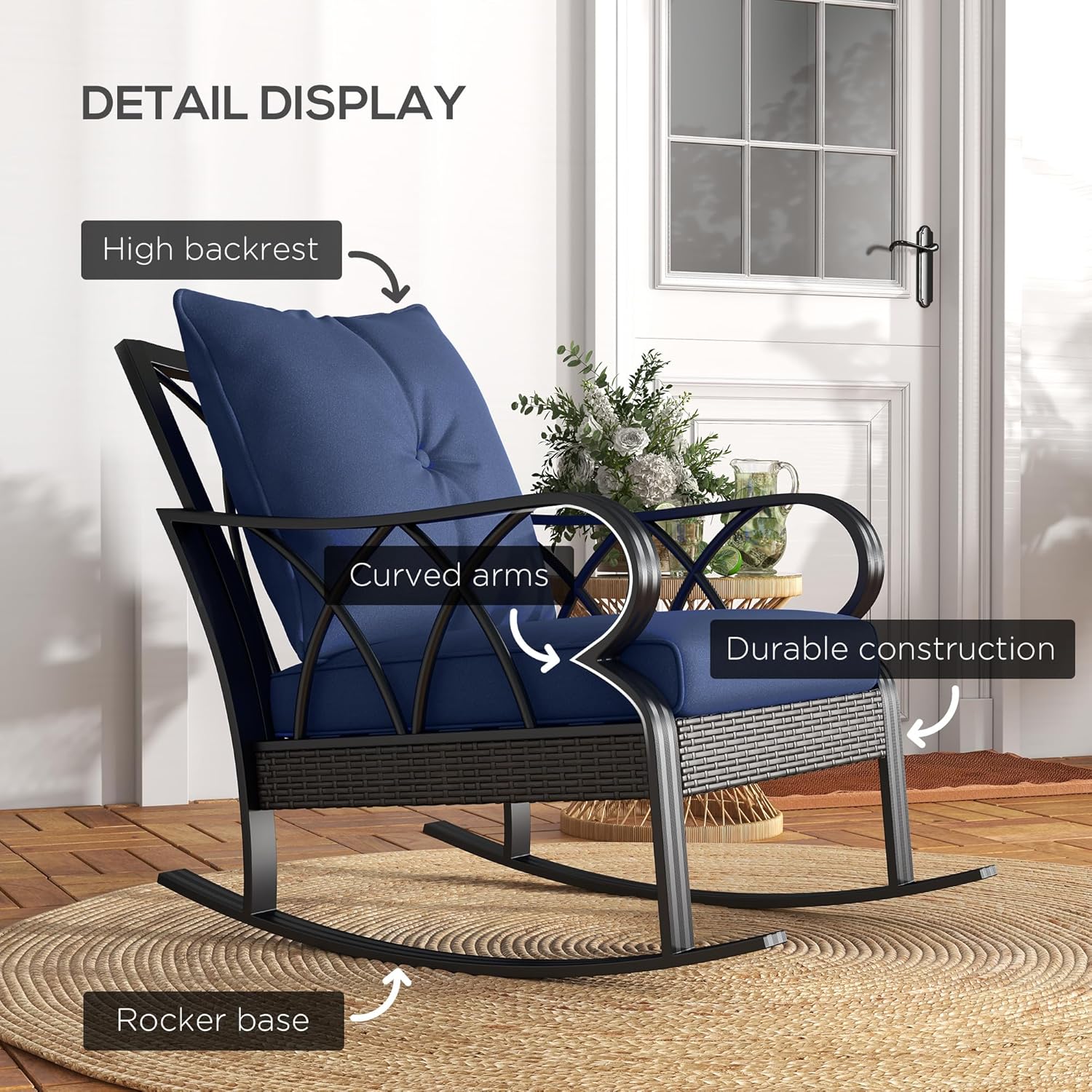 Outsunny 2 Piece Outdoor Wicker Rocking Chairs with Padded Cushions, Aluminum Furniture Rattan Porch Rocker Chairs w/Armrest for Garden, Patio, and Backyard, Blue