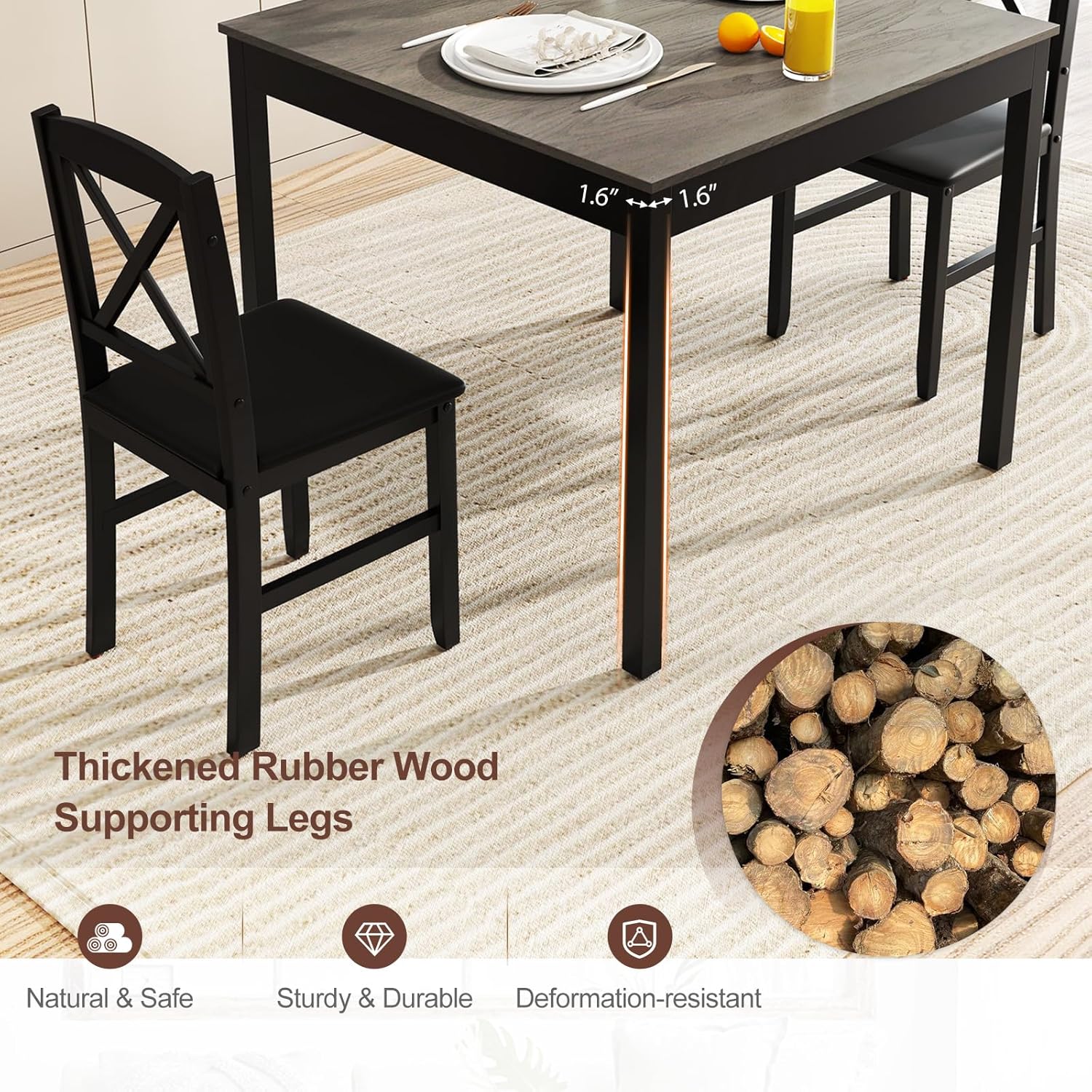 POWERSTONE Small Dining Table Set for 2, Square Kitchen Table with 2 Upholstered Chairs, 3 Pieces Wooden Dinette Set for Small Space, Apartment, Kitchen Breakfast Grey&Black