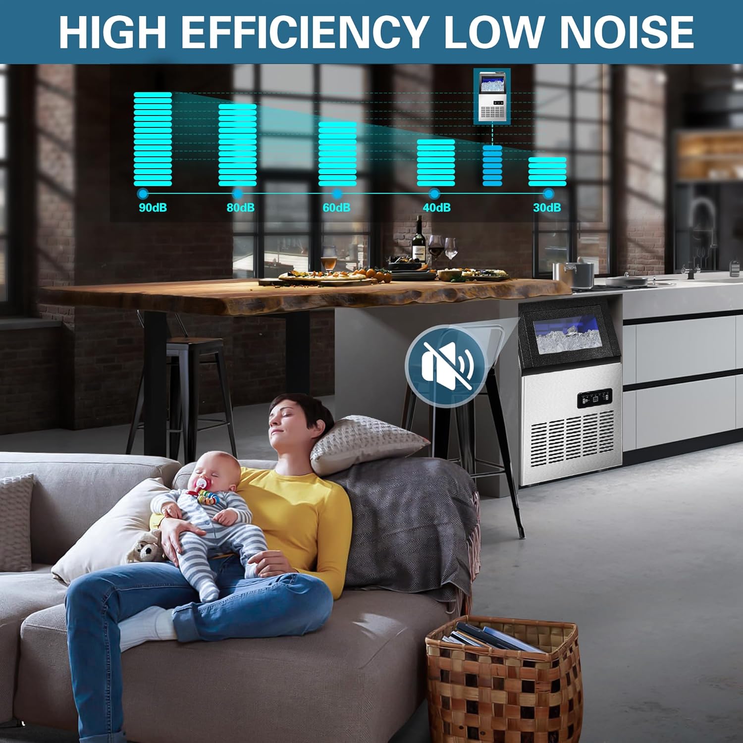 120LBS/24H Commercial Ice Maker Machine, Freestanding Stainless Steel with Adjustable Ice Thickness & LCD Control,40 Cubes/Cycle,Self-Cleaning,Quiet Operation for Home,Restaurant,Bar